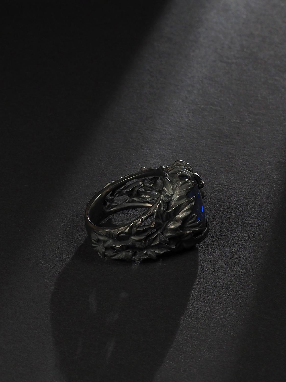 Black Australian Opal Ivy Ring Patinated black silver anniversary gift special For Sale 2