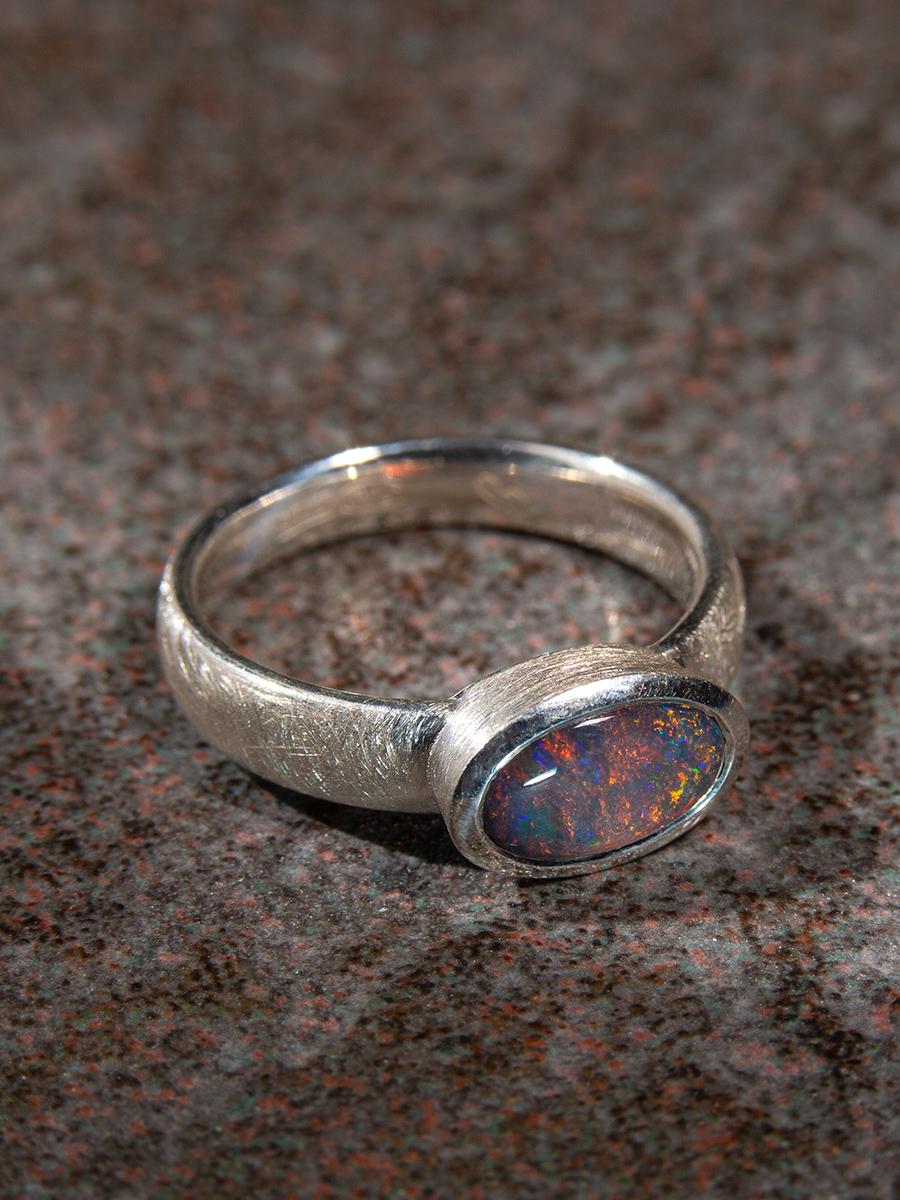 Black Australian Opal Silver Ring Rd Blue Green Opal Solitare Ring For Sale 4
