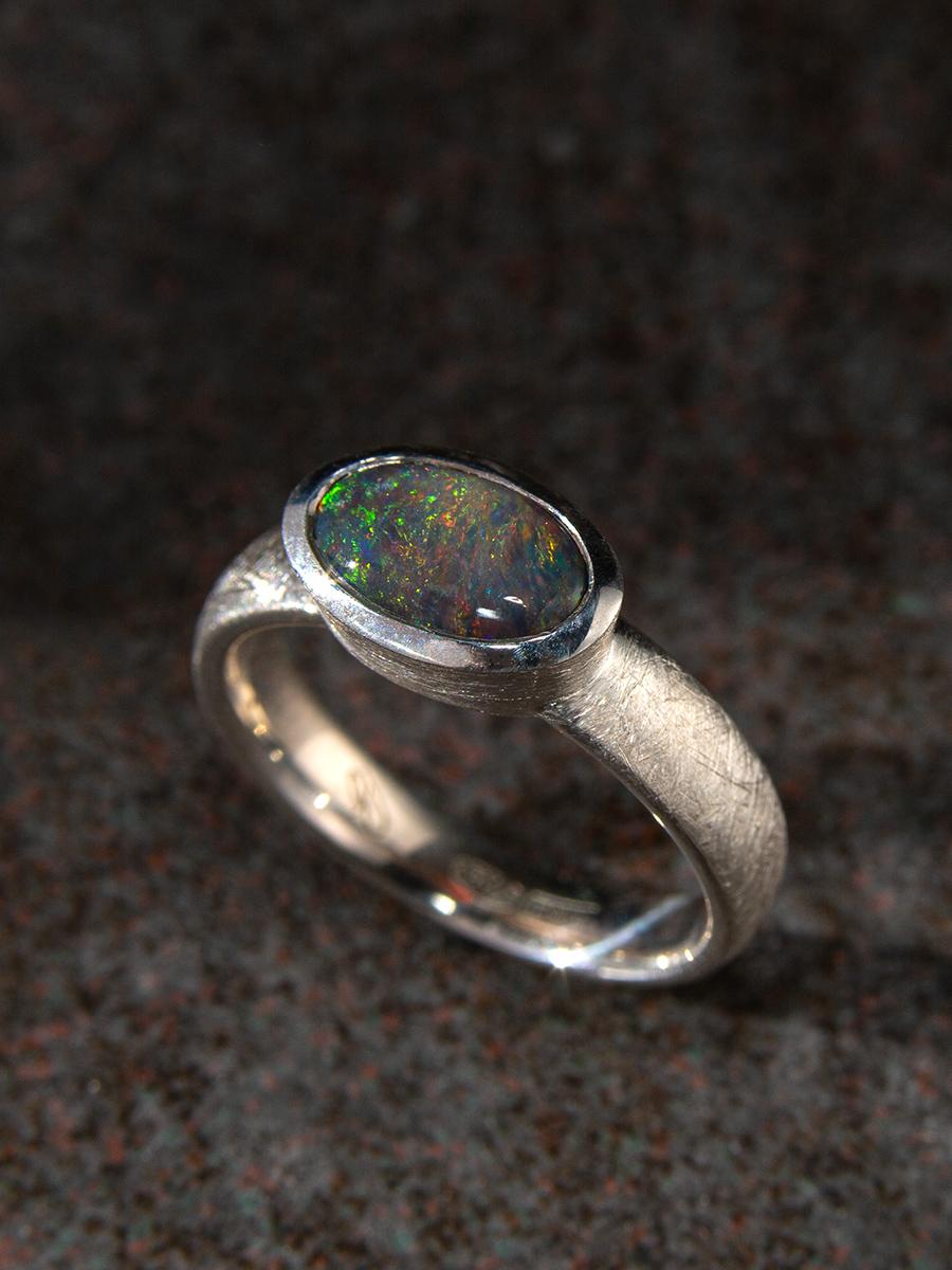 Oval Cut Black Australian Opal Silver Ring Rd Blue Green Opal Solitare Ring For Sale