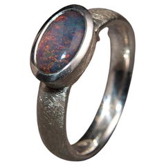 Black Australian Opal Silver Ring Rd Blue Green Opal Solitare Ring
