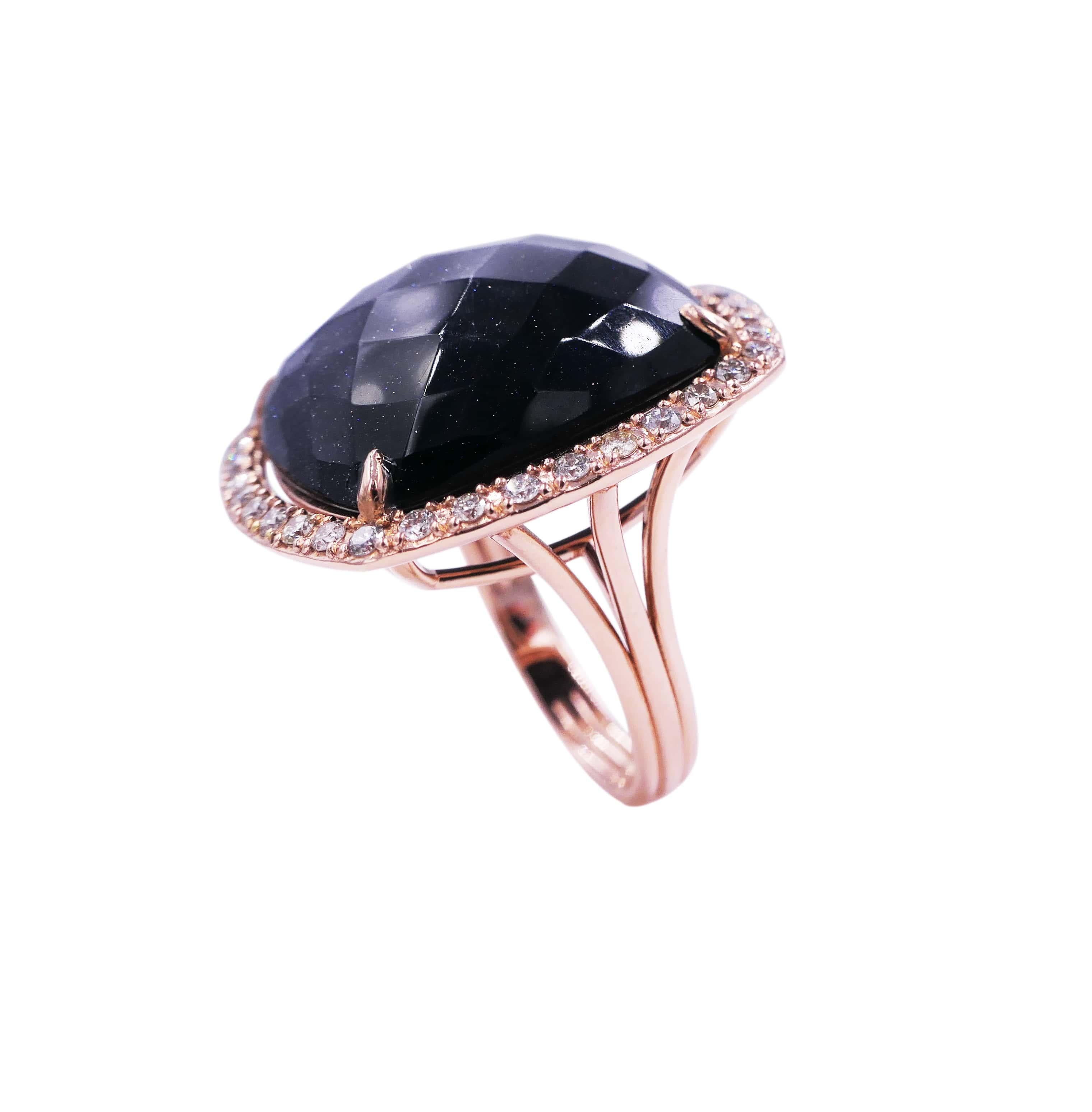 Black Aventurine Cushion Cabochon Diamonds 14 Karat Rose Gold Halo Ring
14 Karat Rose Gold
Black Aventurine Cushion Cabochon Gemstones
0.15 cts Diamonds
Size 7, Resizable upon request 

Important Information:
Please note that this item will take 2-4