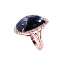 Black Aventurine Cushion Cabochon Diamonds 14 Karat Rose Gold Halo Ring