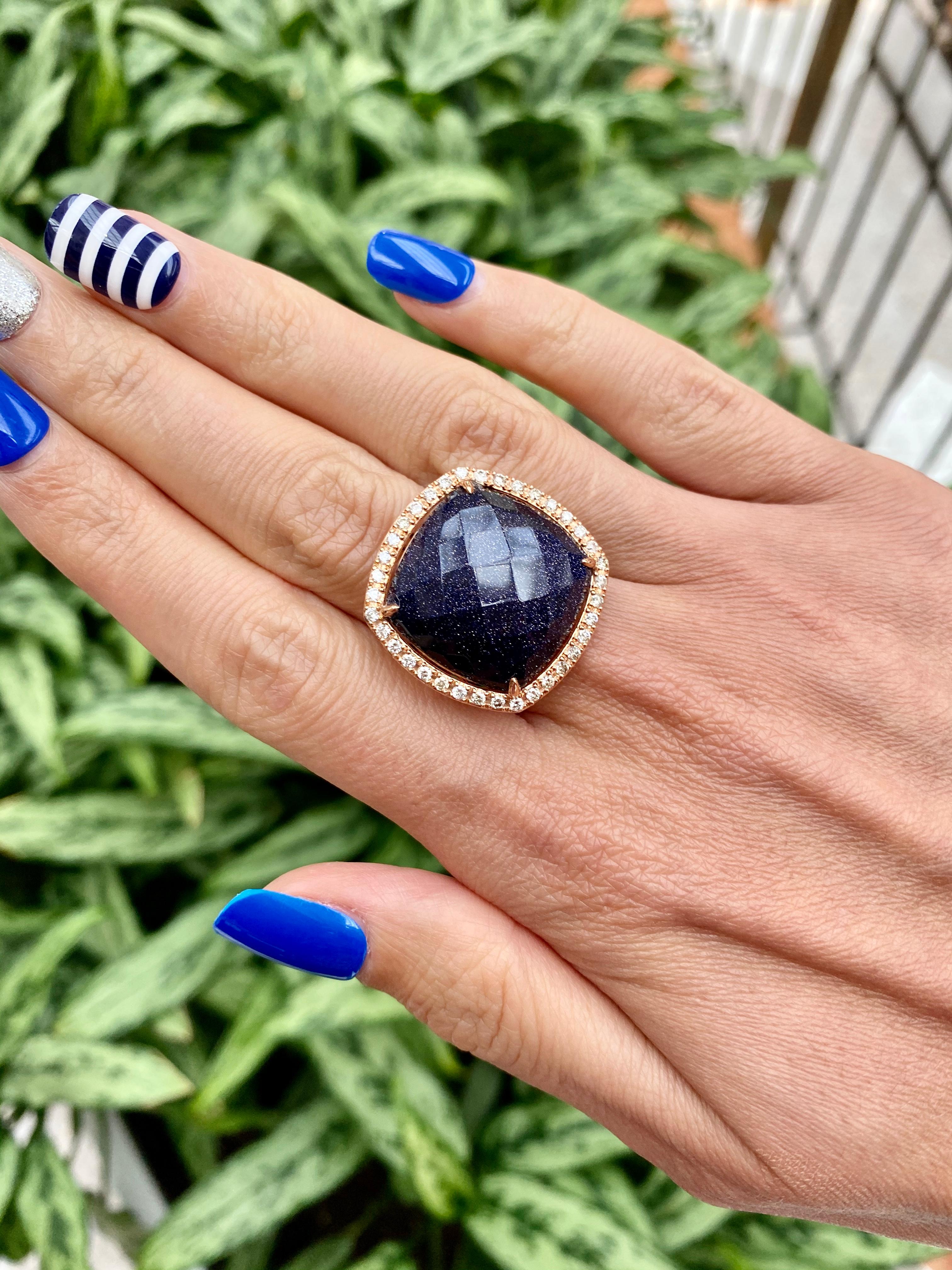 Aventurina Negra Cabujón Cojín Diamantes Anillo Halo Oro Rosa 14 Kilates Art Decó en venta