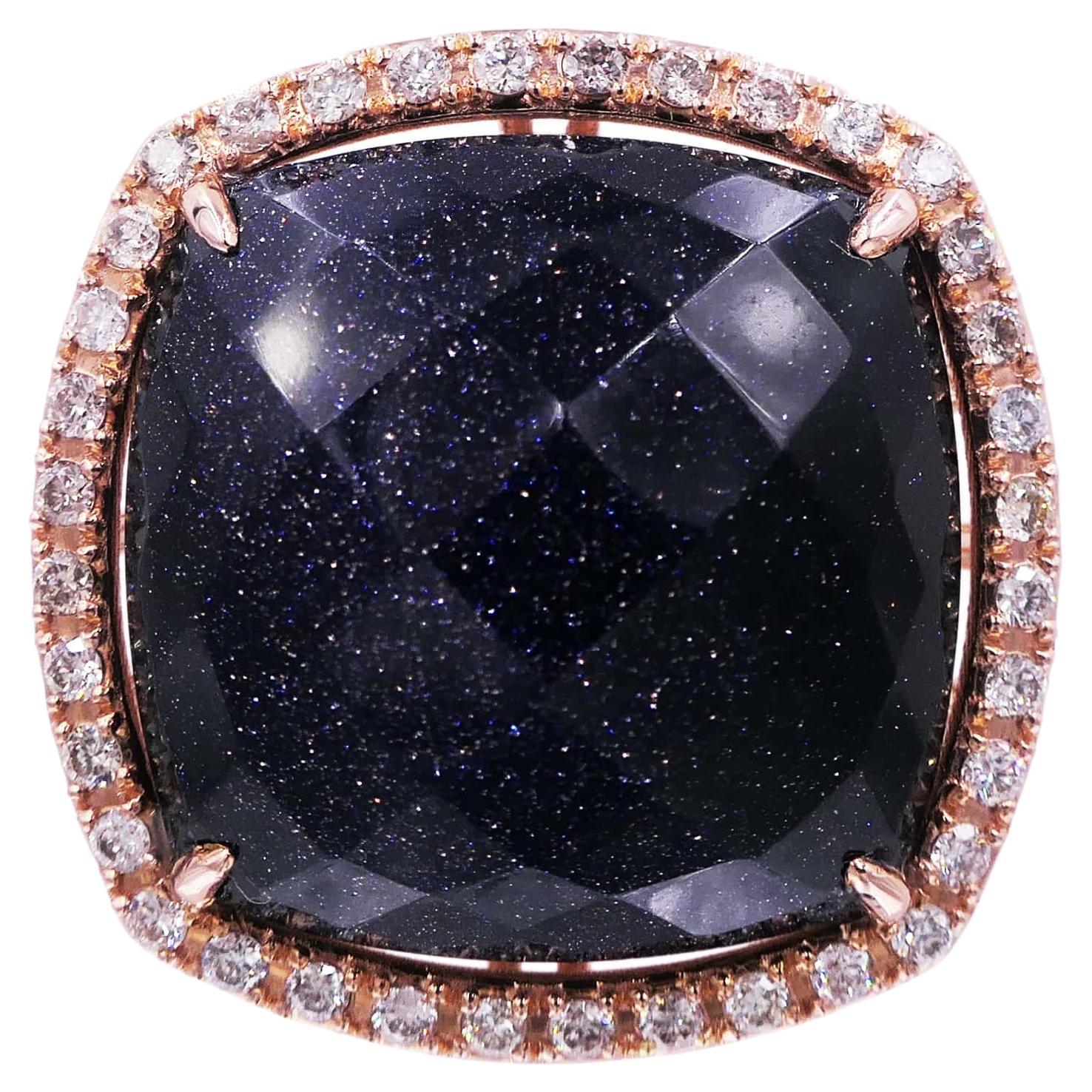 Black Aventurine Cushion Cabochon Diamonds 14 Karat Rose Gold Halo Ring For Sale