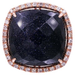 Schwarzer Aventurin-Halo-Ring aus 14 Karat Roségold mit Kissenschliff und Diamanten