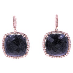 Black Aventurine Faceted Cushion Cabochon Diamond Halo Rose Gold Drop Earrings