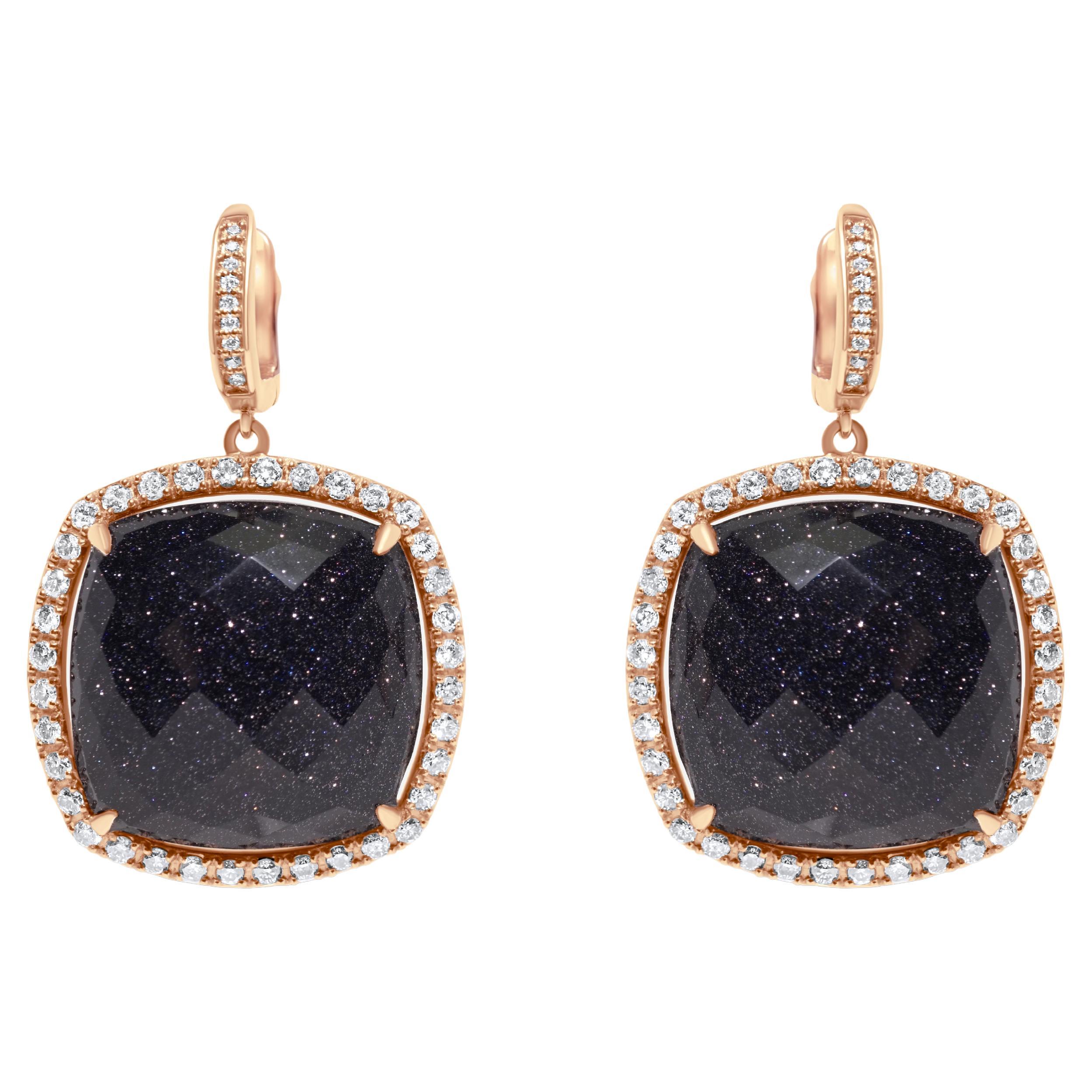 Black Aventurine Faceted Cushion Cabochon Diamond Halo Rose Gold Drop Earrings For Sale