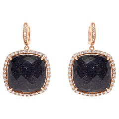 Black Aventurine Faceted Cushion Cabochon Diamond Halo Rose Gold Drop Earrings