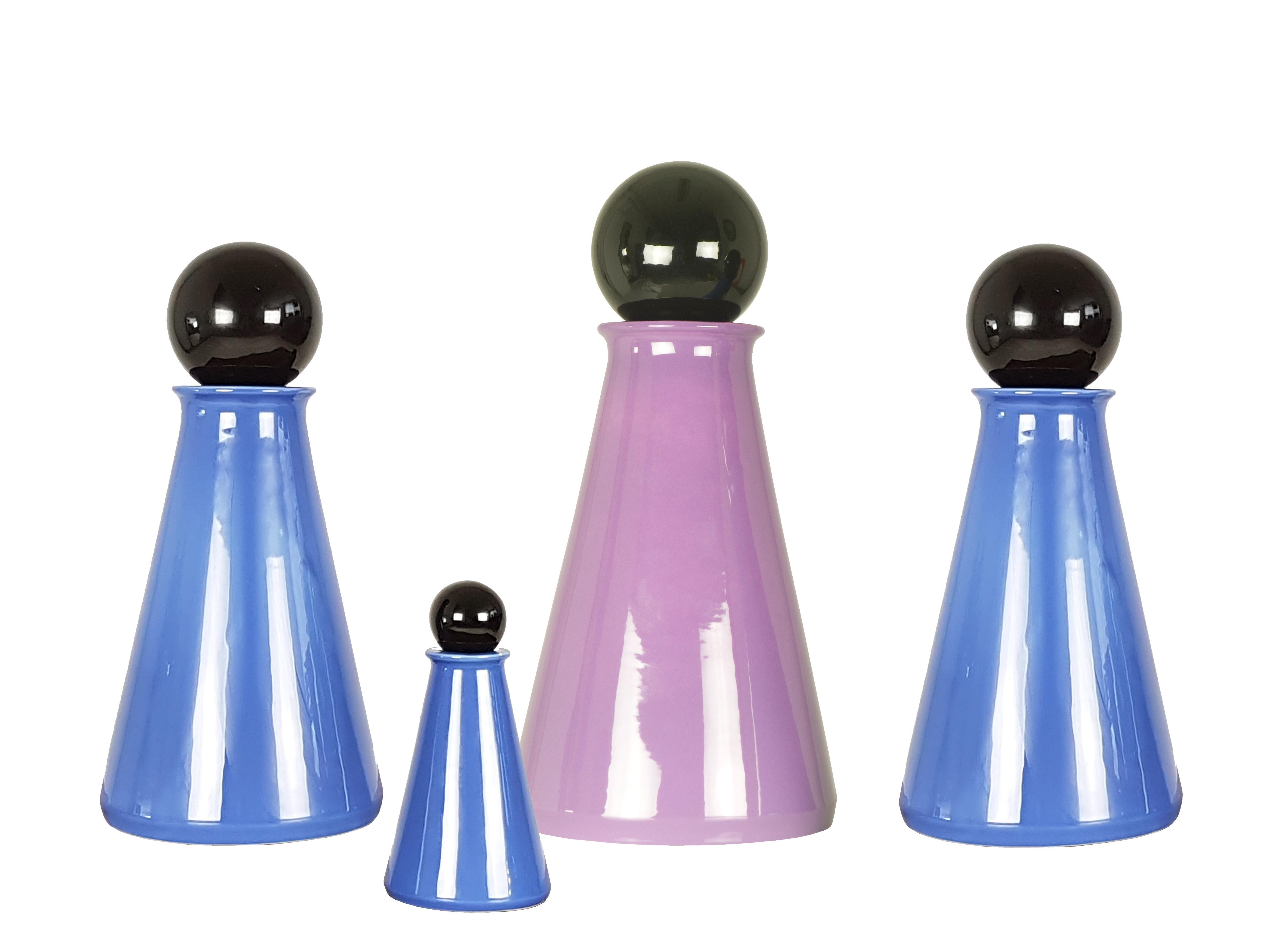 Late 20th Century Black, Azure & Violet Ceramic, 1980s Bottles by L. Boscolo for Forma & Luce