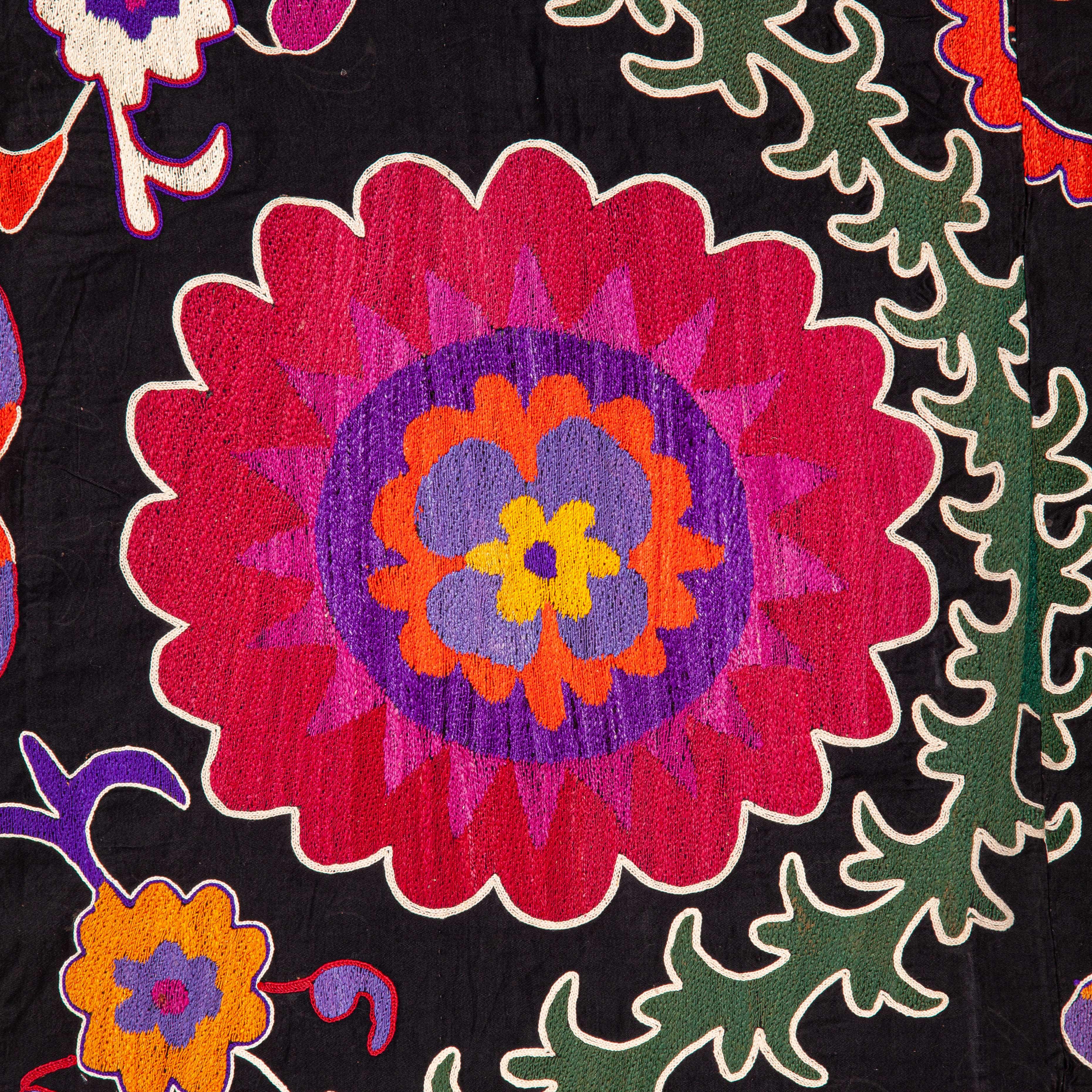 Cotton Black Background Suzani with a Russian Print as its Lining, Early 20th Century For Sale