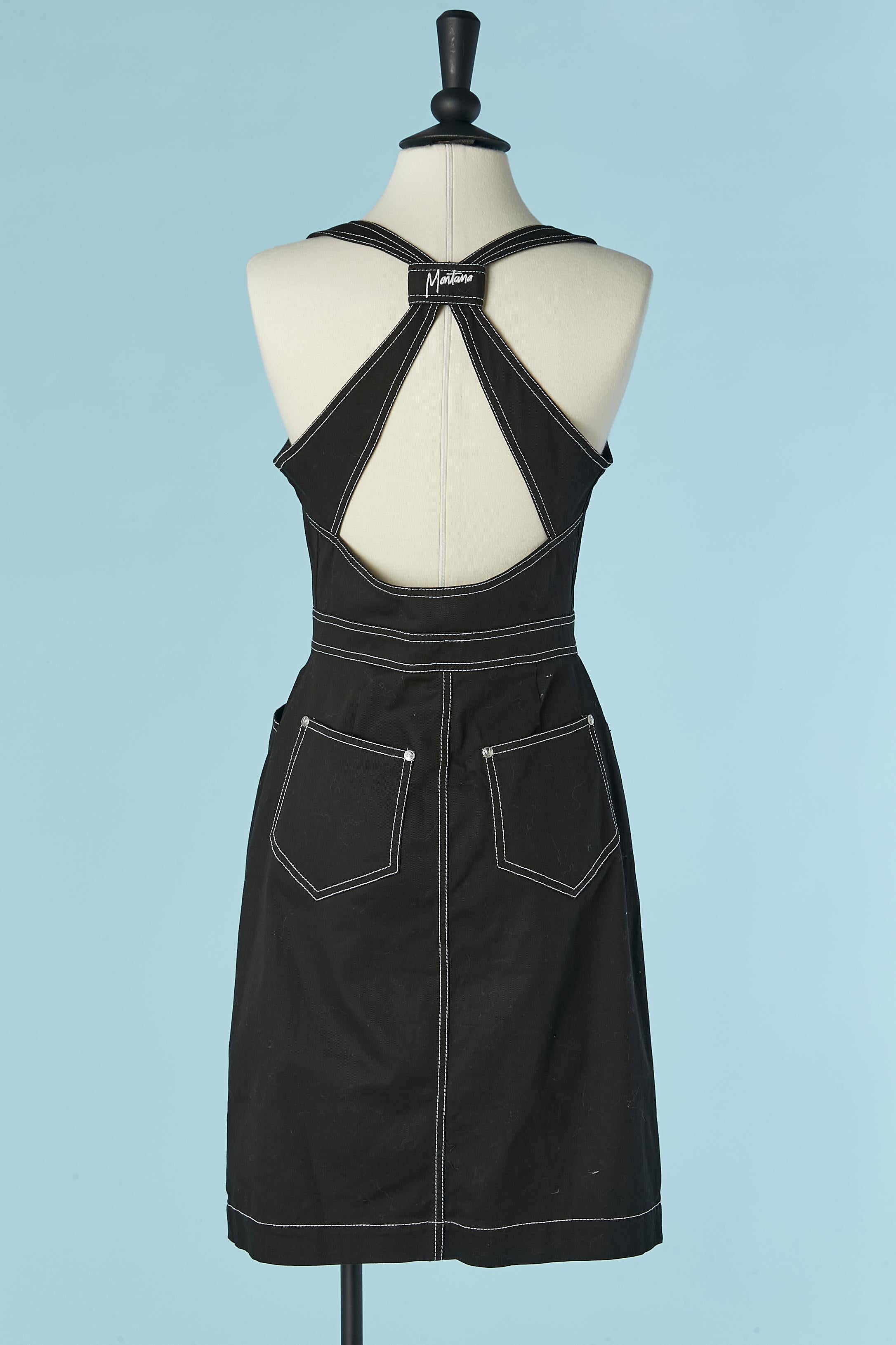 Black backless cotton dress with white top-stitching MONTANA BLU For Sale 2