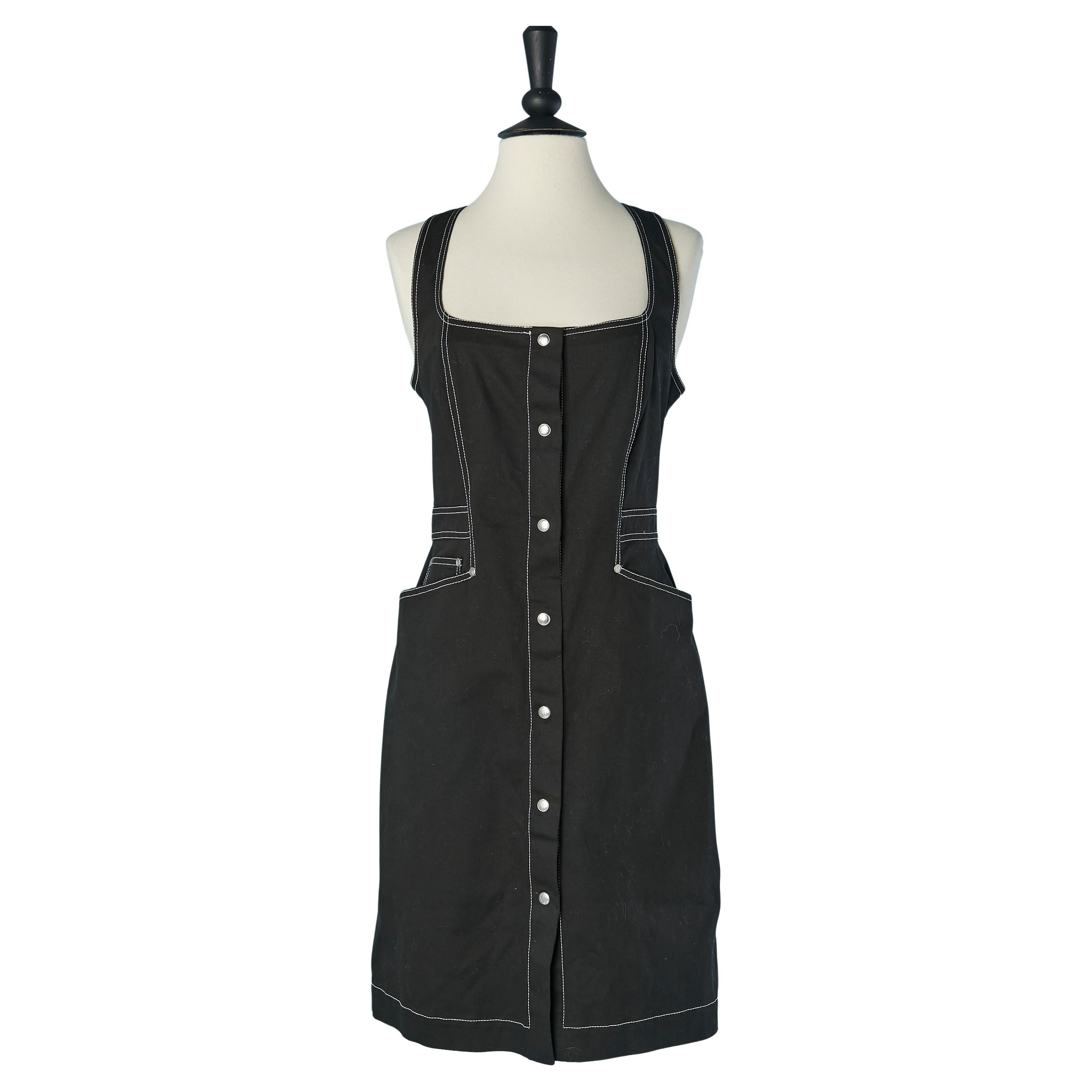 Black backless cotton dress with white top-stitching MONTANA BLU For Sale