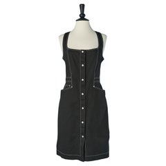 Black backless cotton dress with white top-stitching MONTANA BLU