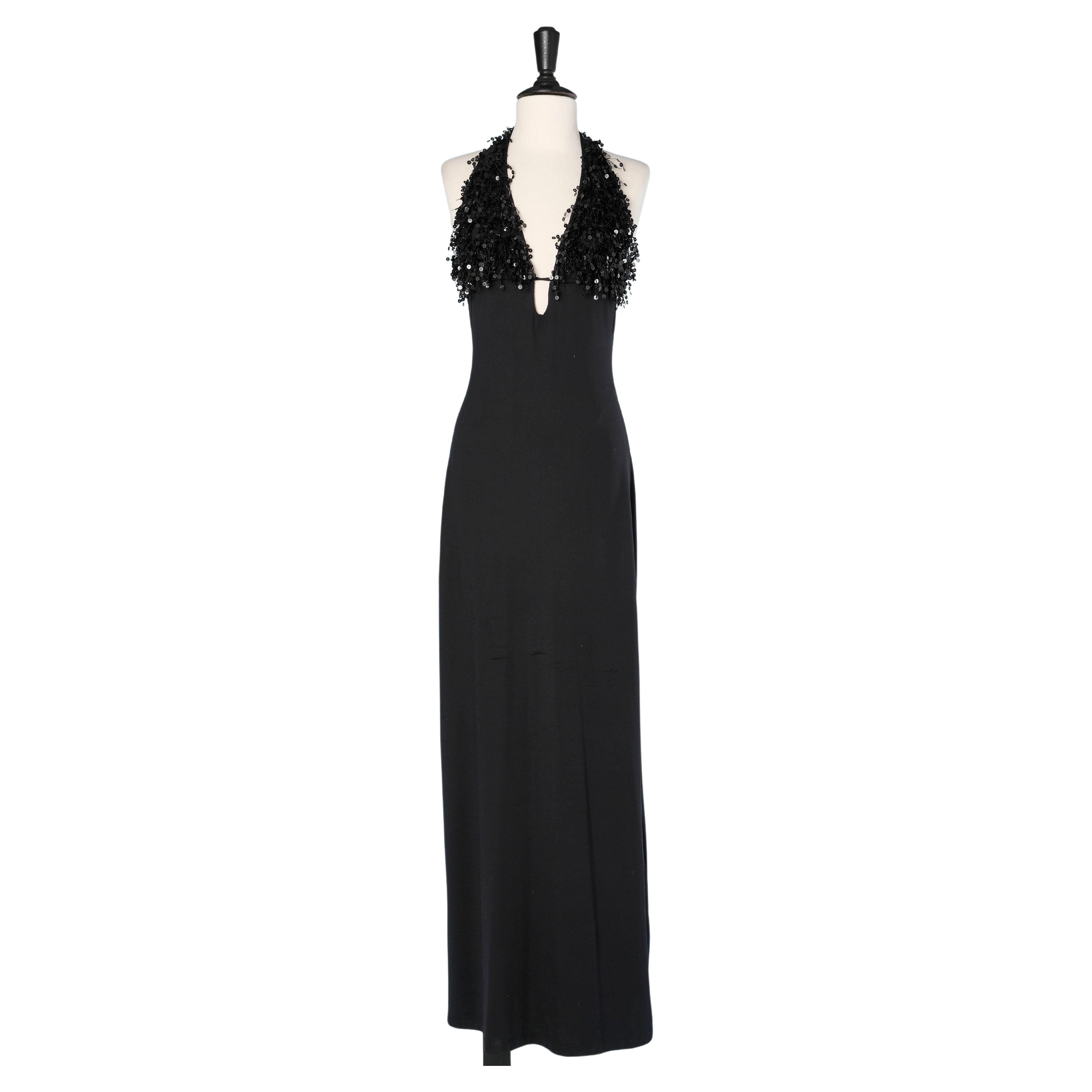 Schwarzes rückenfreies Kleid mit Paillettenfransen auf der Büste FISICO  im Angebot