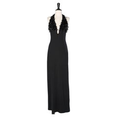 Black backless dress with sequins fringes on the bust FISICO