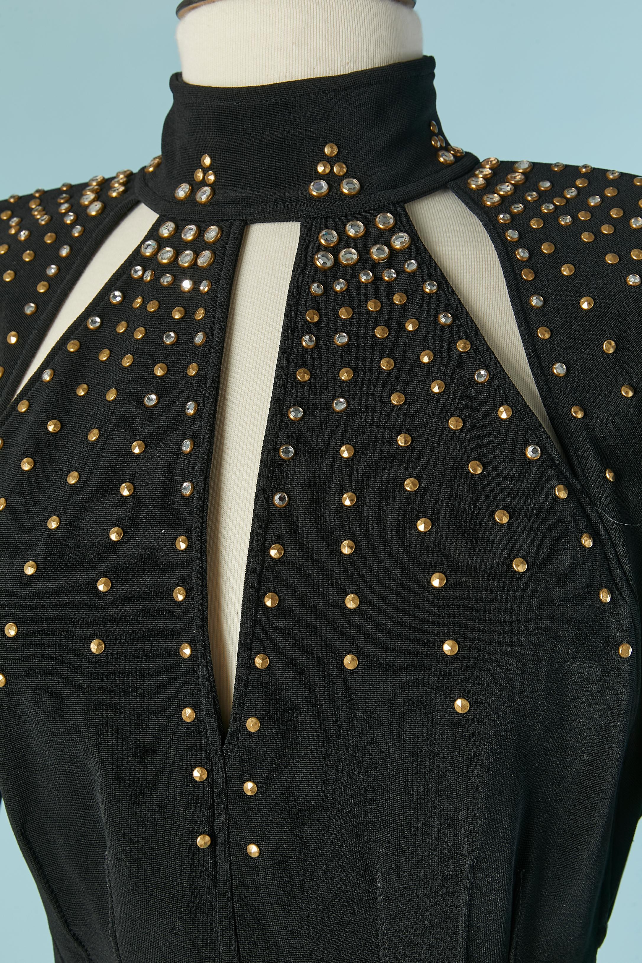 Black backless  jumpsuit with stud, rhinestone and cut-work Caché In Excellent Condition For Sale In Saint-Ouen-Sur-Seine, FR