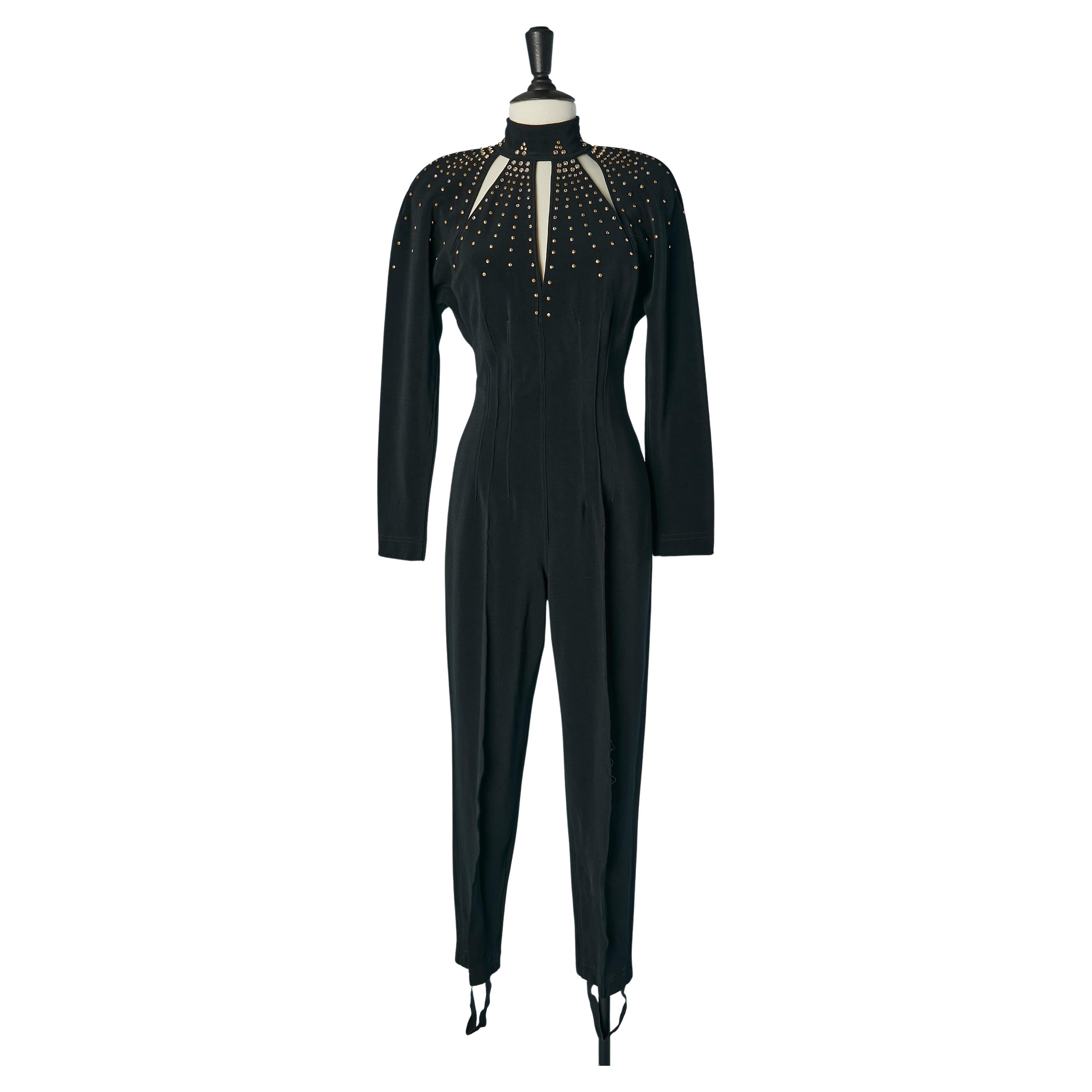 Black backless  jumpsuit with stud, rhinestone and cut-work Caché For Sale