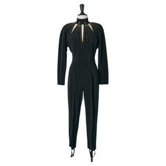 Black backless  jumpsuit with stud, rhinestone and cut-work Caché