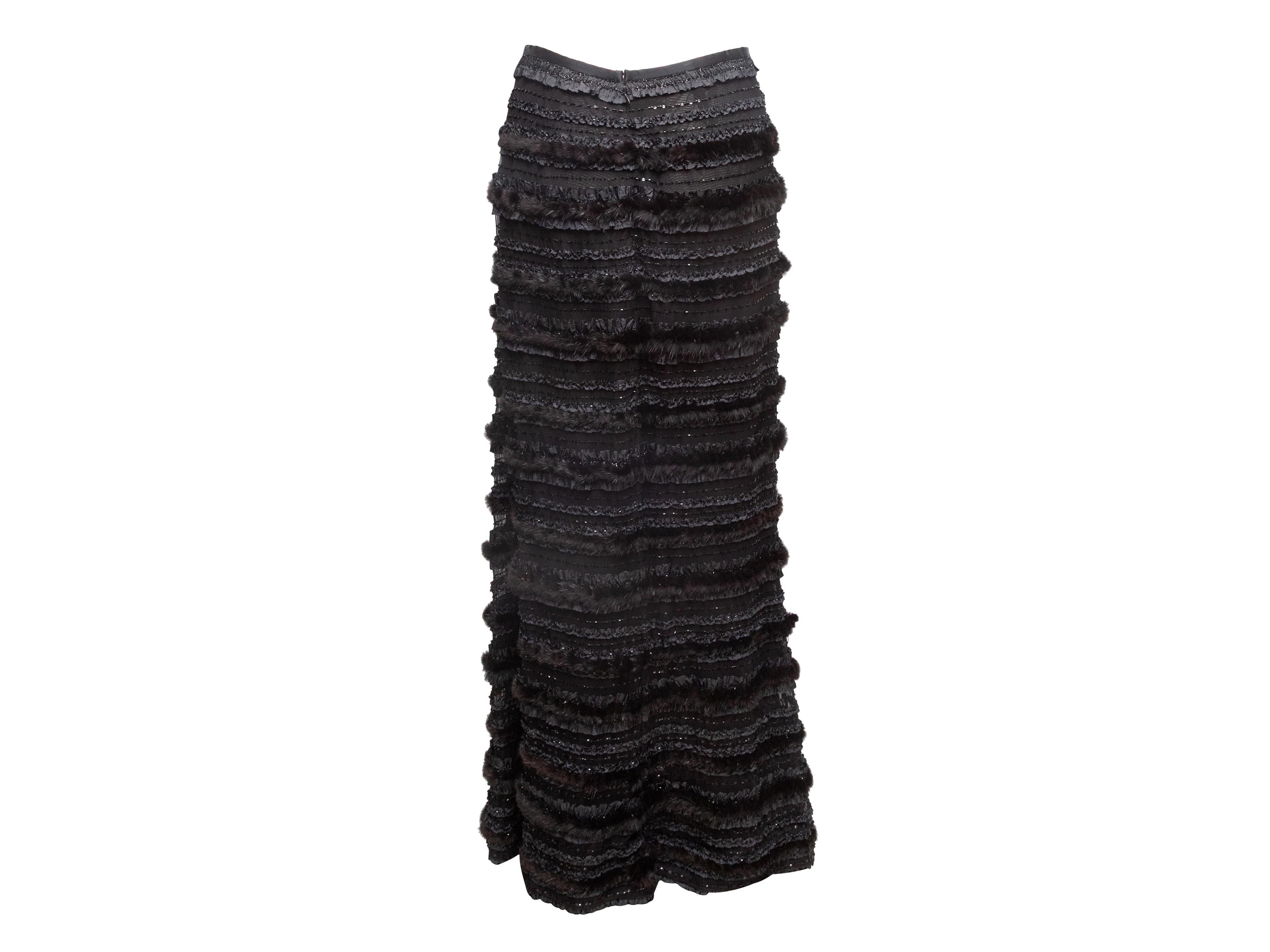 Black Badgley Mischka Embellished Fur-Trimmed Maxi Evening Skirt Size US 8 In Good Condition For Sale In New York, NY