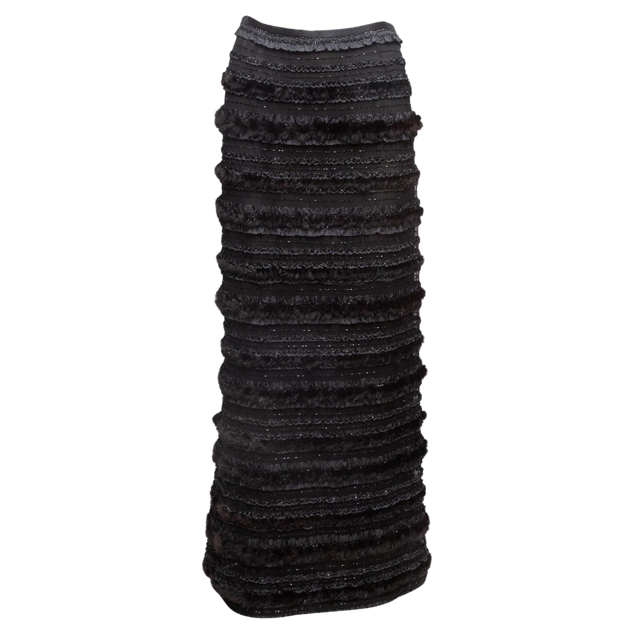 Black Badgley Mischka Embellished Fur-Trimmed Maxi Evening Skirt Size US 8 For Sale