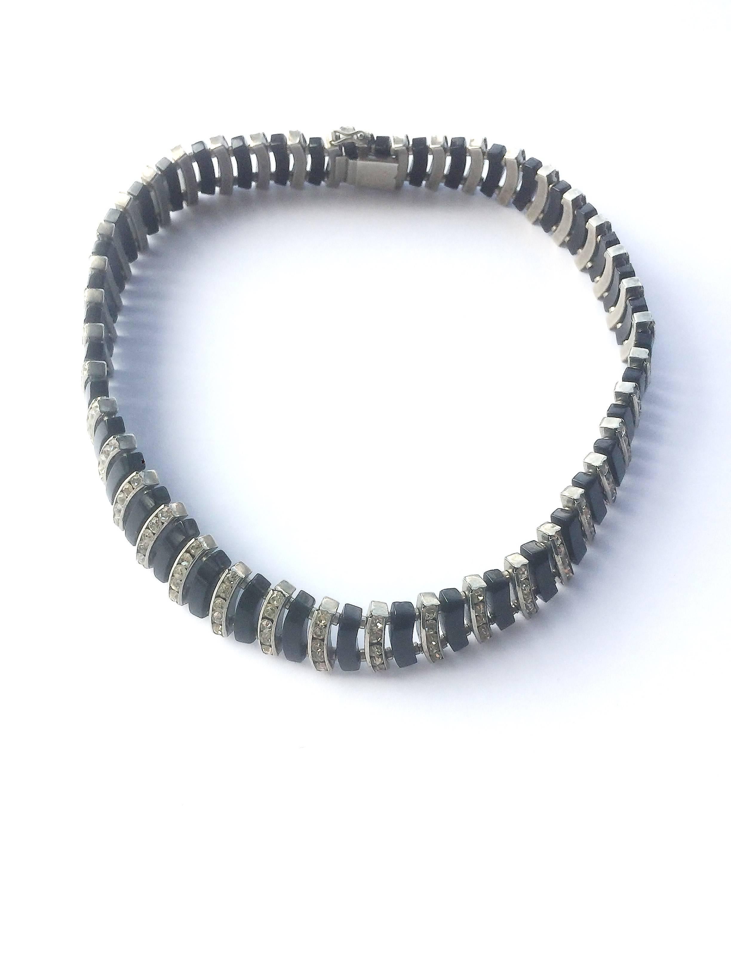Women's Black Bakelite and channel set paste necklace, Randel, Germany, 1930s