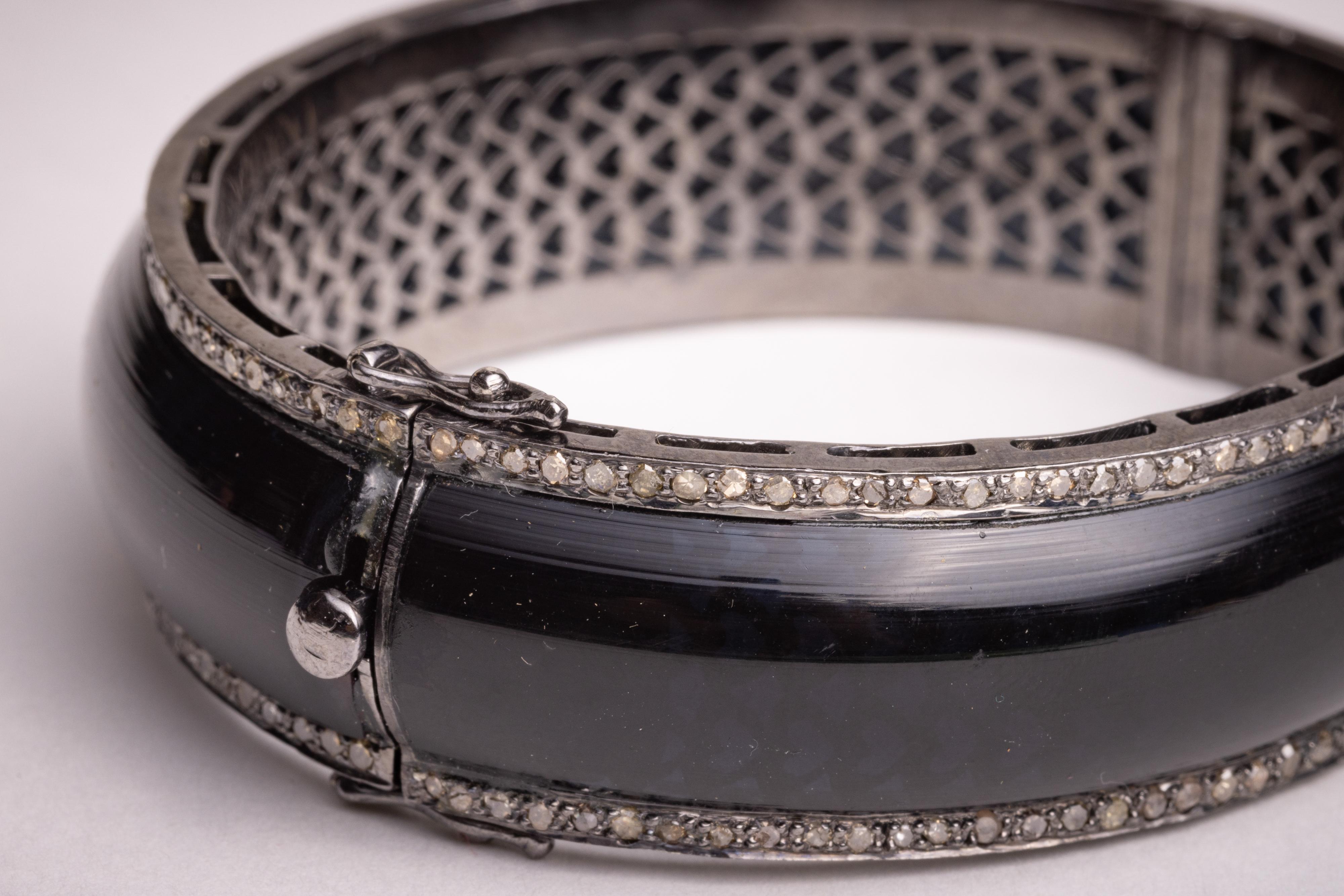 Black Bakelite and Diamond Bangle Bracelet In Excellent Condition For Sale In Nantucket, MA