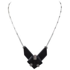 Vintage Black Bakelite and grey channel set paste necklace, Germany, 1930s