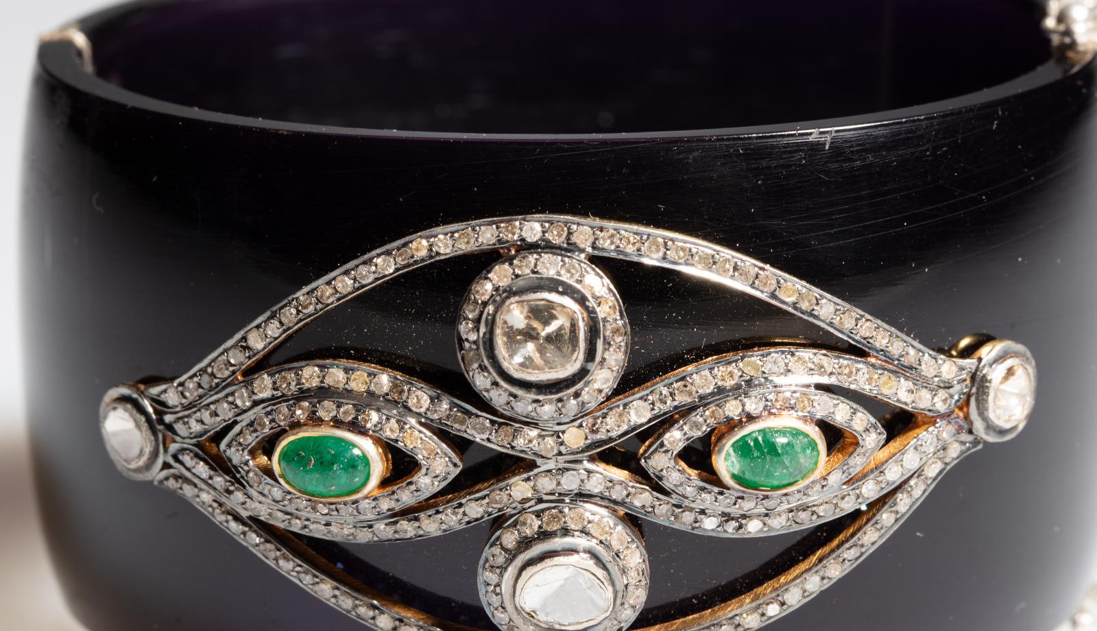 Black Bakelite Cuff Clamper Bracelet with Diamond and Emerald Evil Eye In Excellent Condition In Nantucket, MA
