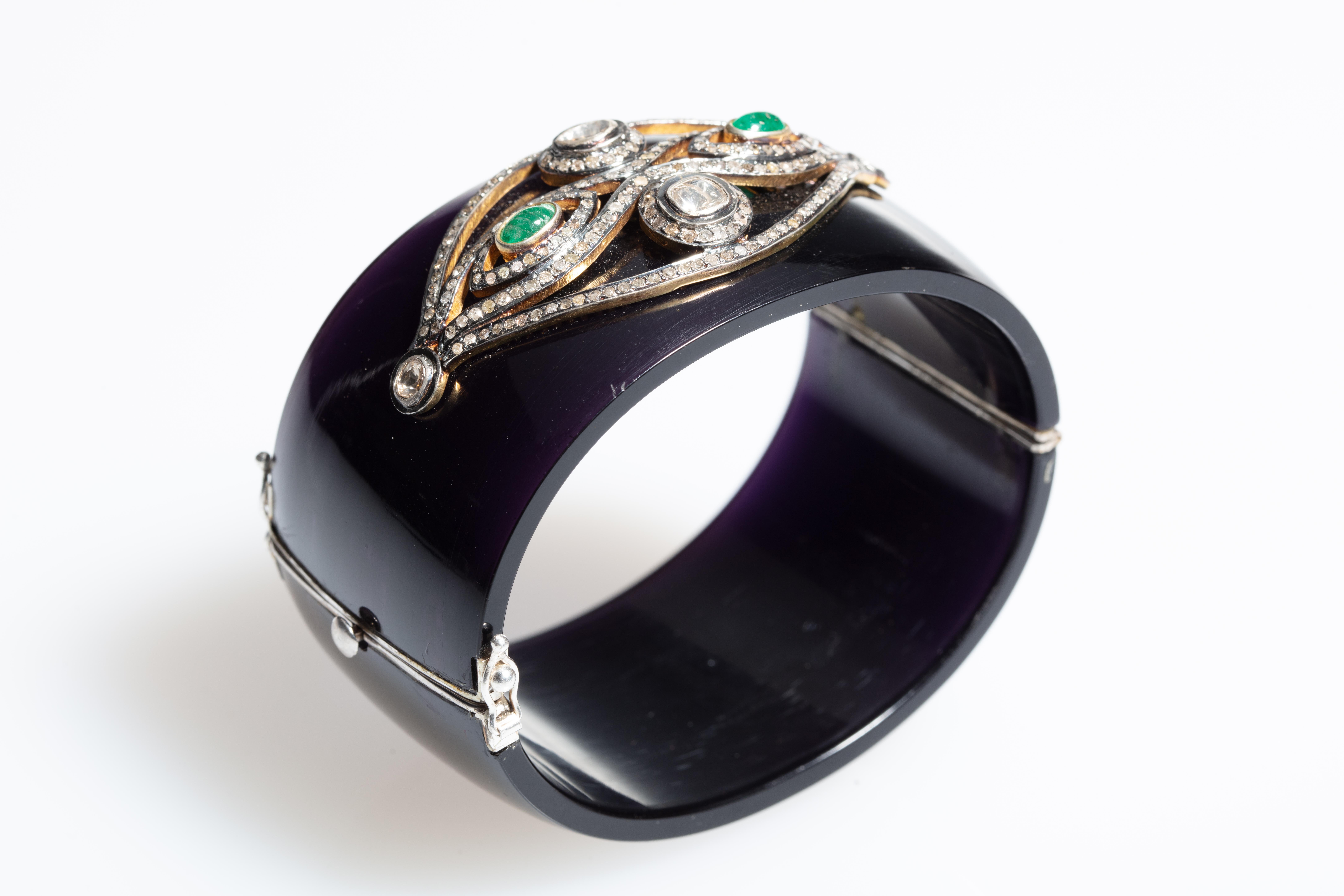 Black Bakelite Cuff Clamper Bracelet with Diamond and Emerald Evil Eye 2