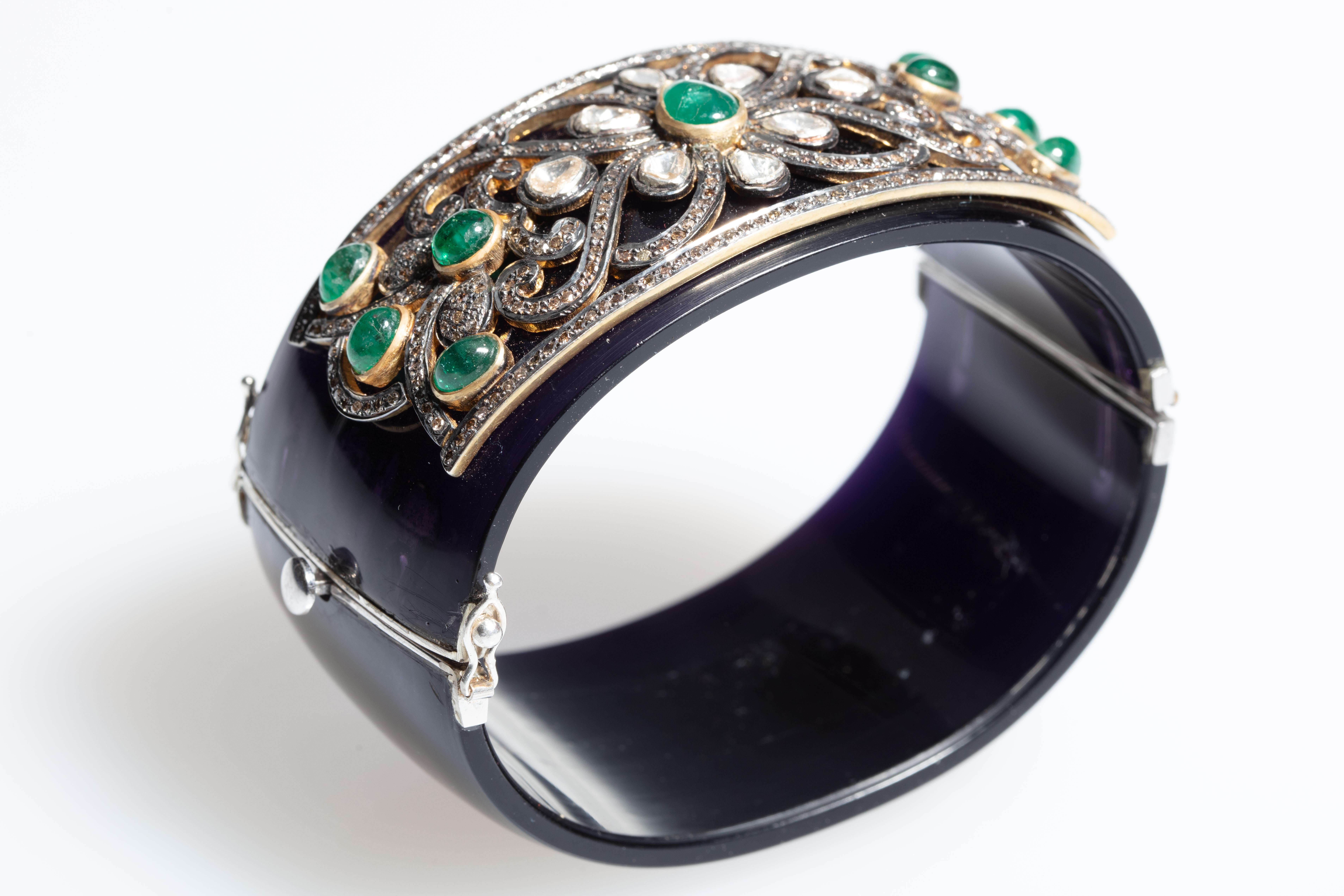 Black Bakelite Cuff Bracelet with Diamonds and Emeralds In Excellent Condition In Nantucket, MA