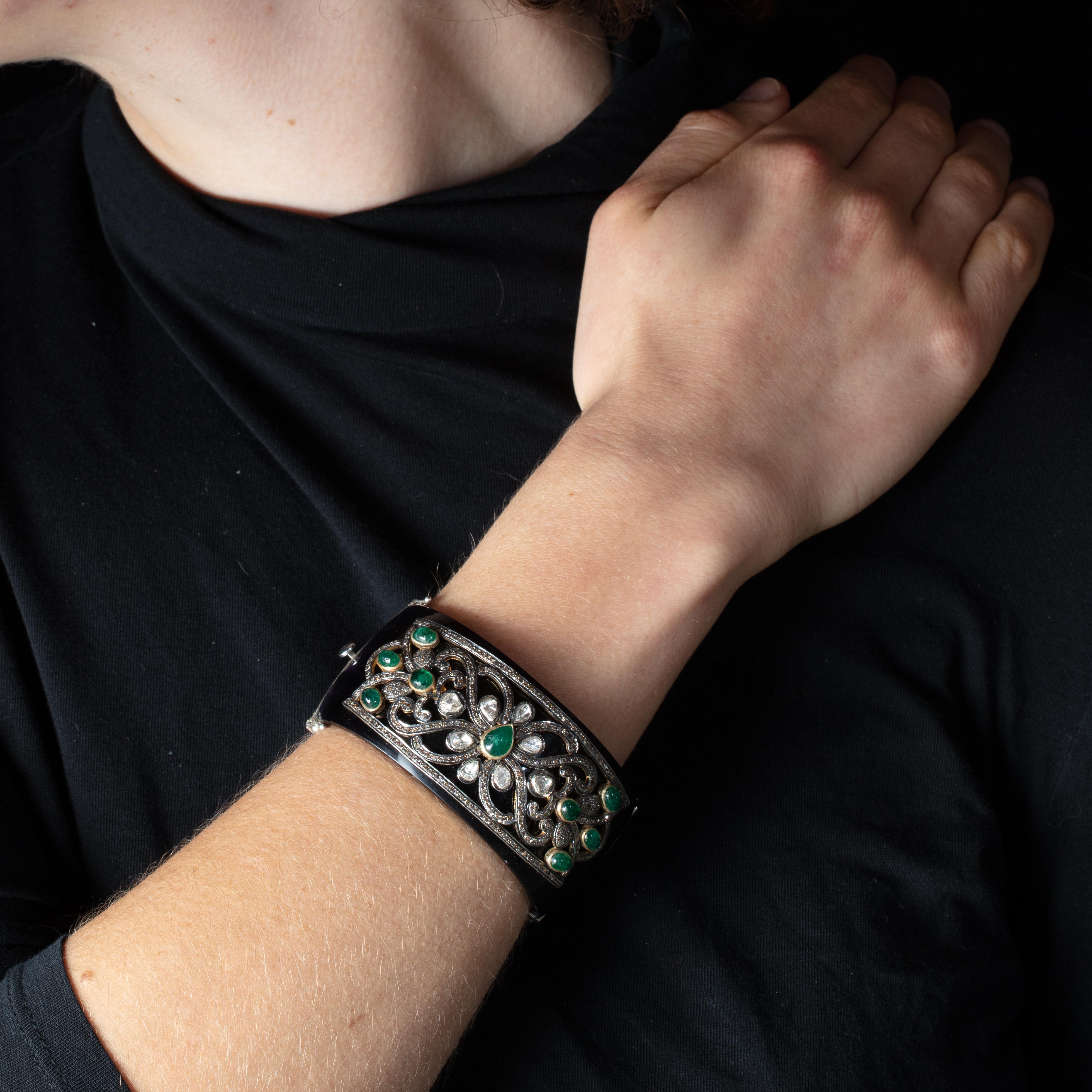 Women's or Men's Black Bakelite Cuff Bracelet with Diamonds and Emeralds