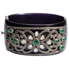 Black Bakelite Cuff Bracelet with Diamonds and Emeralds