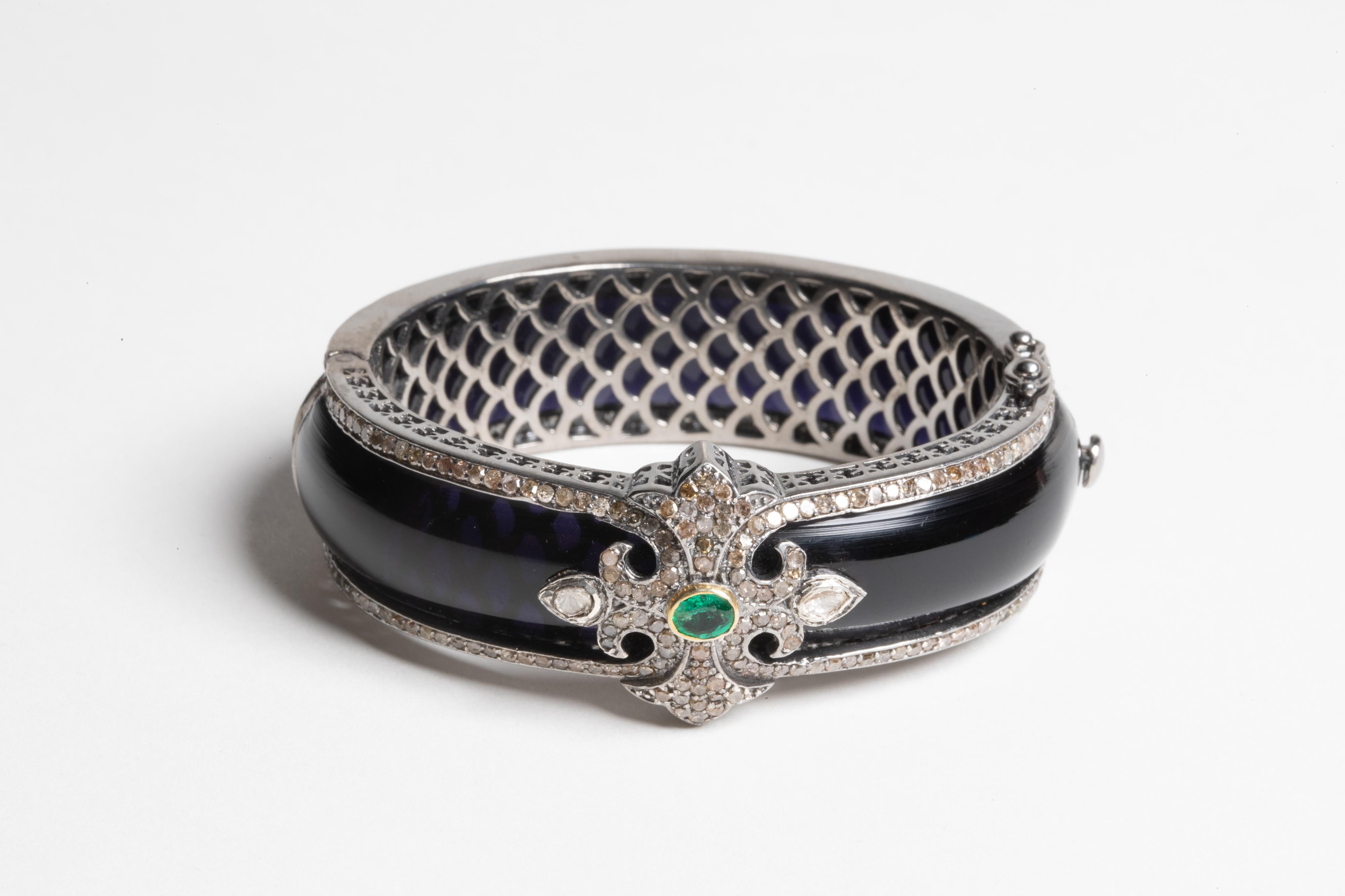 Oval Cut Black Bakelite Cuff Bracelet with Emerald and Diamonds For Sale