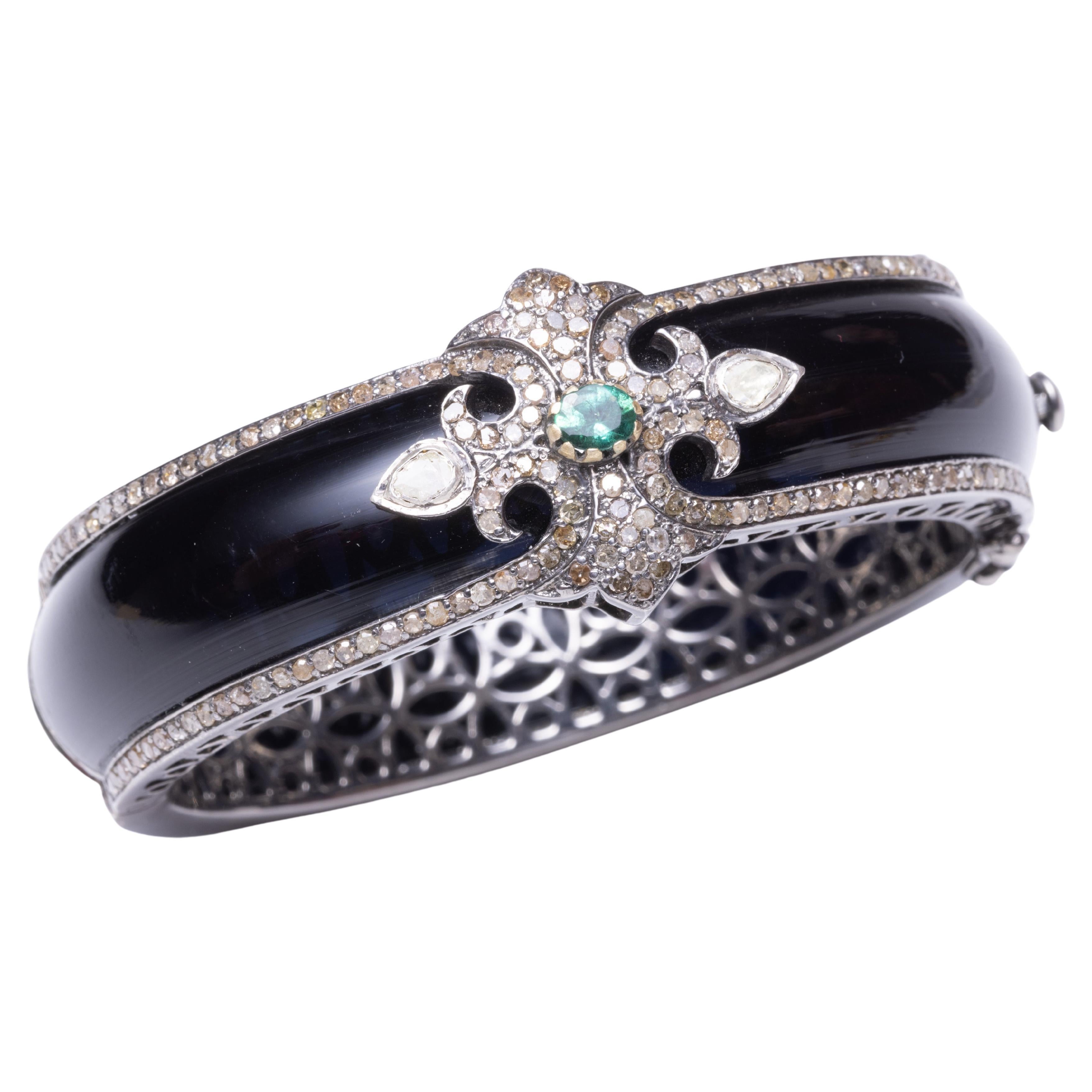 Black Bakelite Cuff Bracelet with Emerald and Diamonds