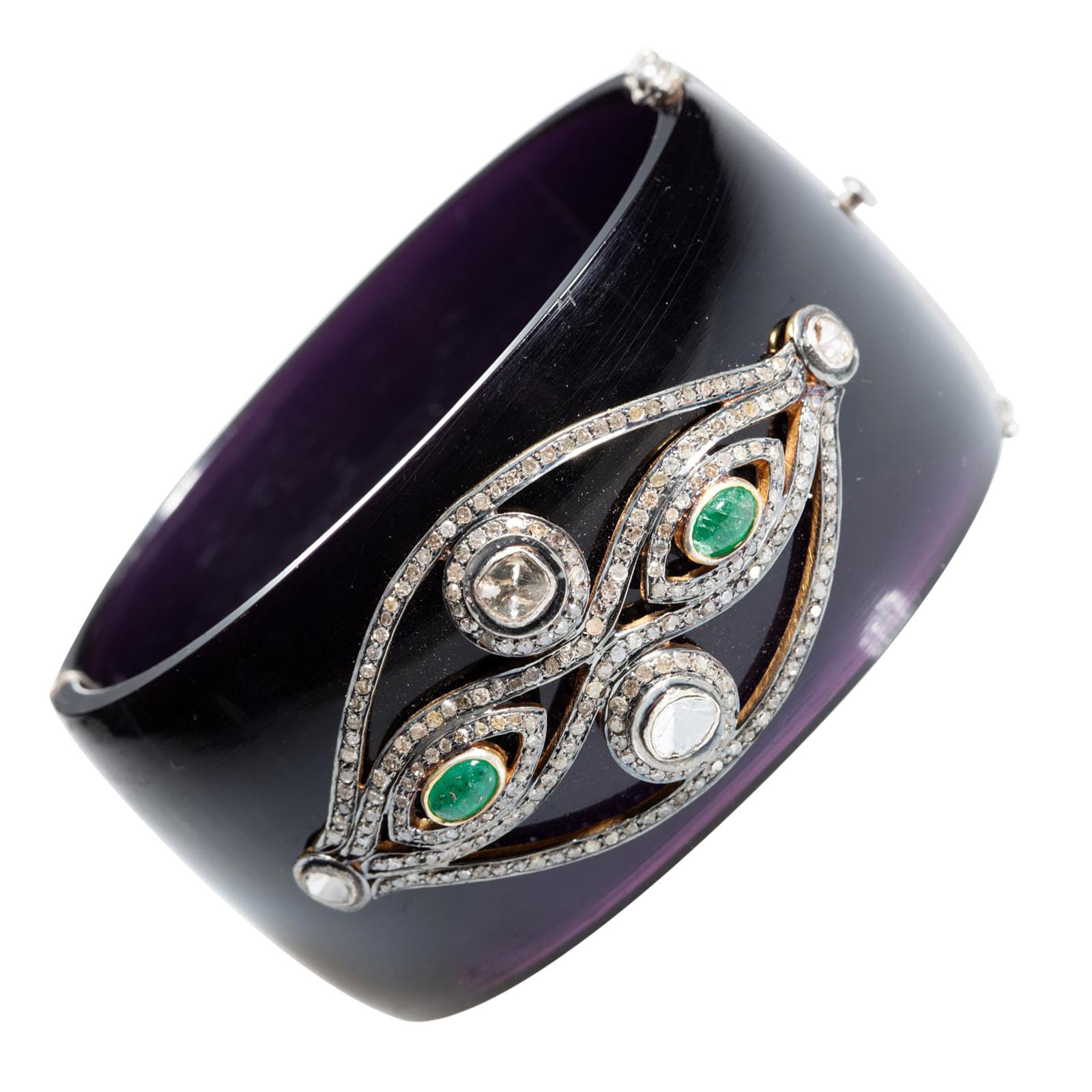 Black Bakelite Cuff Clamper Bracelet with Diamond and Emerald Evil Eye
