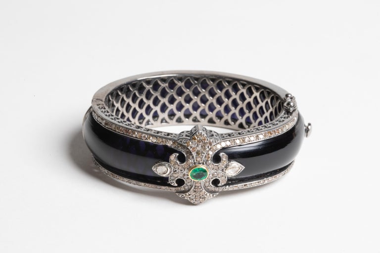 Oval Cut Black Bakelite, Diamond, Emerald and Sterling Silver Bracelet For Sale