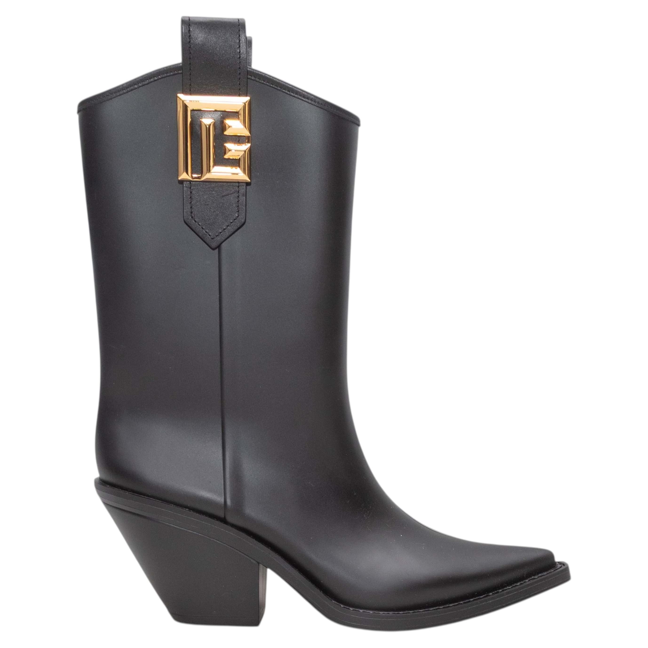 Black Balmain Pointed-Toe Rubber Western Boots Size 40 For Sale