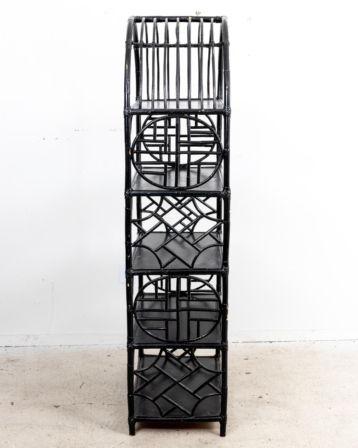 Black Bamboo Chinese Chippendale Style Fretwork Shelf For Sale 3