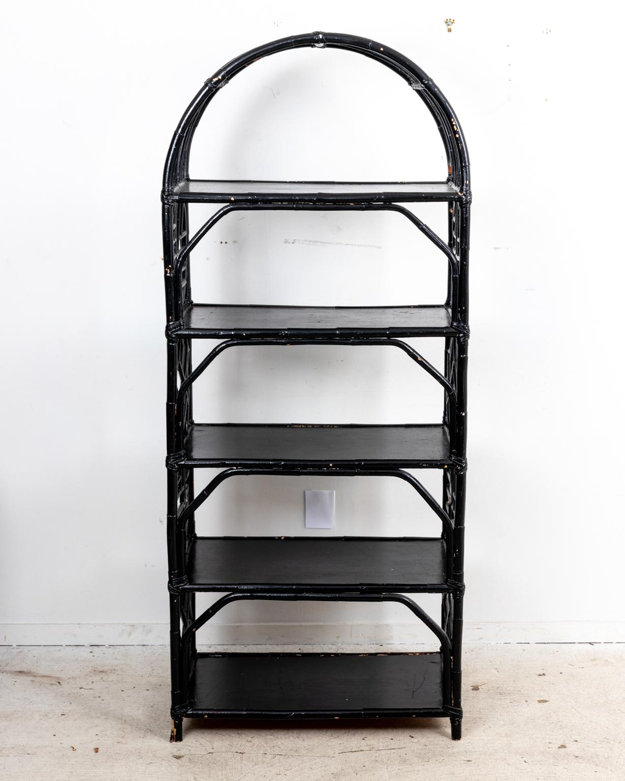 Black Bamboo Chinese Chippendale Style Fretwork Shelf For Sale 4