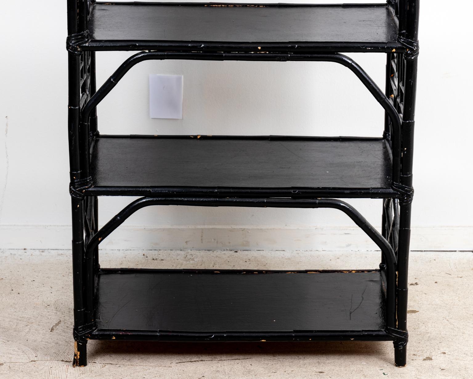 Black Bamboo Chinese Chippendale Style Fretwork Shelf For Sale 5