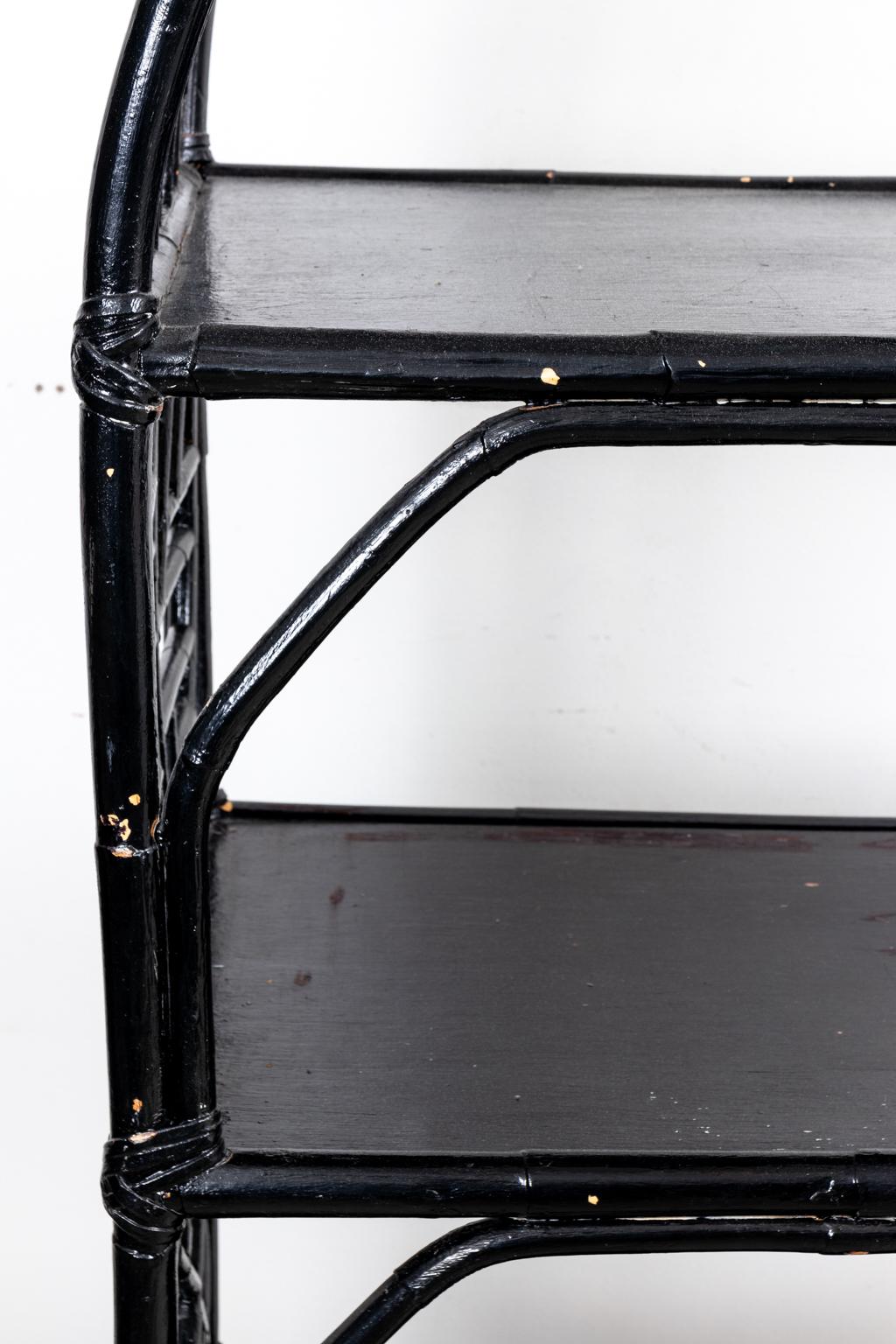Hollywood Regency Black Bamboo Chinese Chippendale Style Fretwork Shelf For Sale