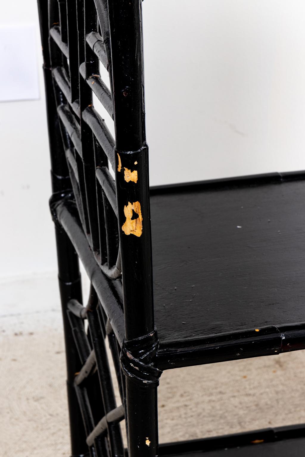 Late 19th Century Black Bamboo Chinese Chippendale Style Fretwork Shelf For Sale