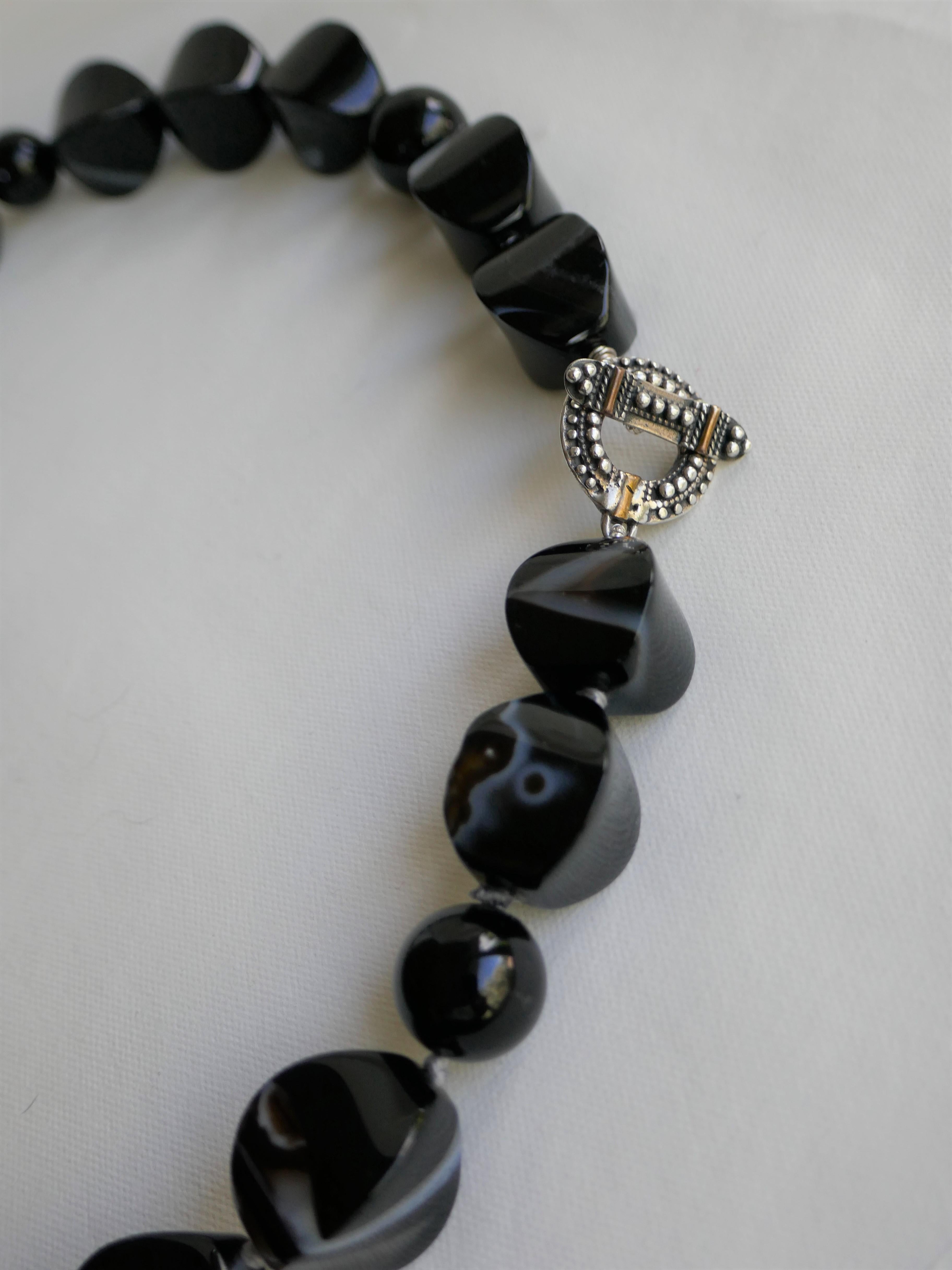 Women's Black Banded Agate Black Onyx 925 Sterling Vermeil Clasp Gemstone Necklace For Sale