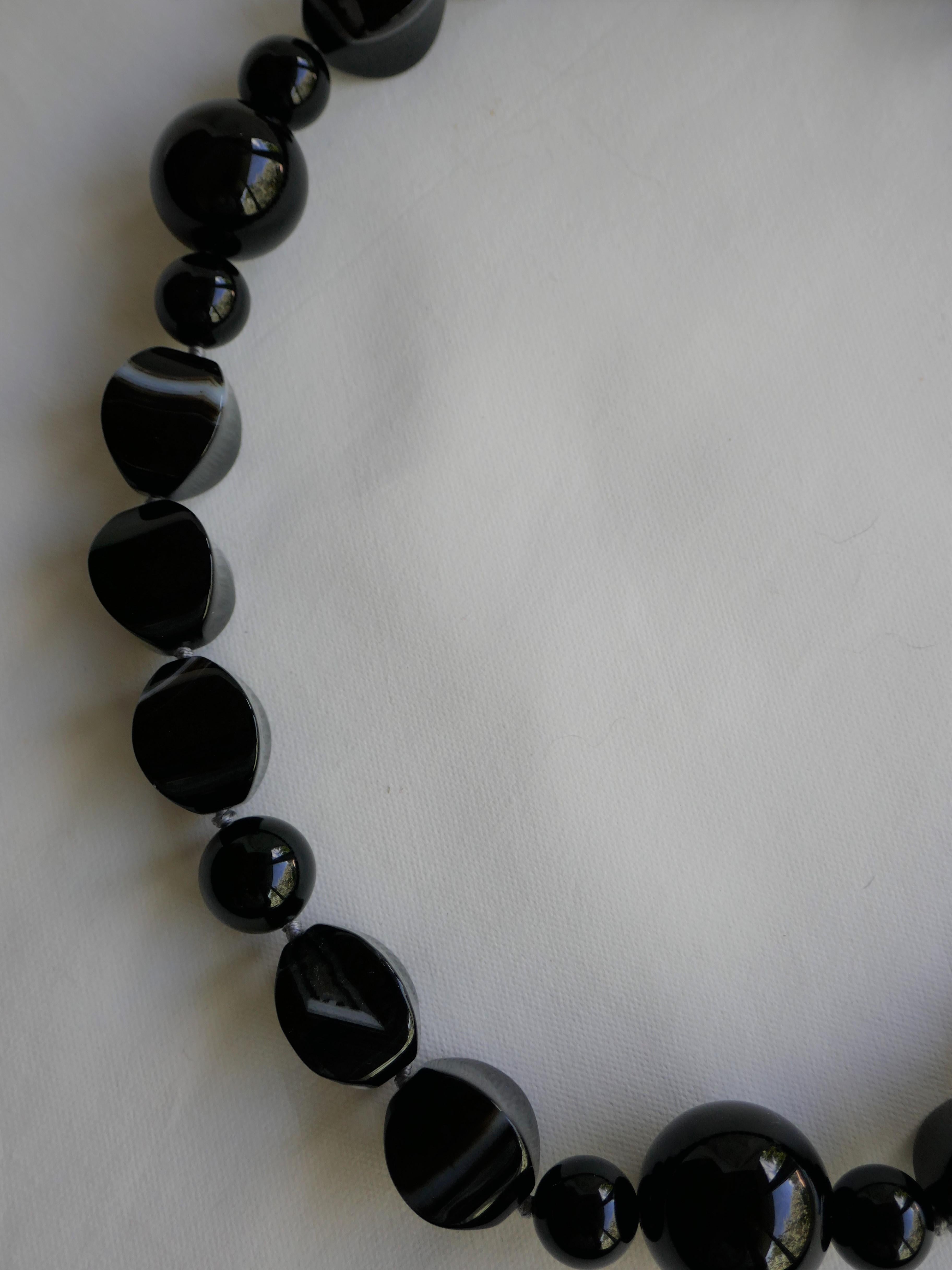 Black Banded Agate Black Onyx 925 Sterling Vermeil Clasp Gemstone Necklace For Sale 1