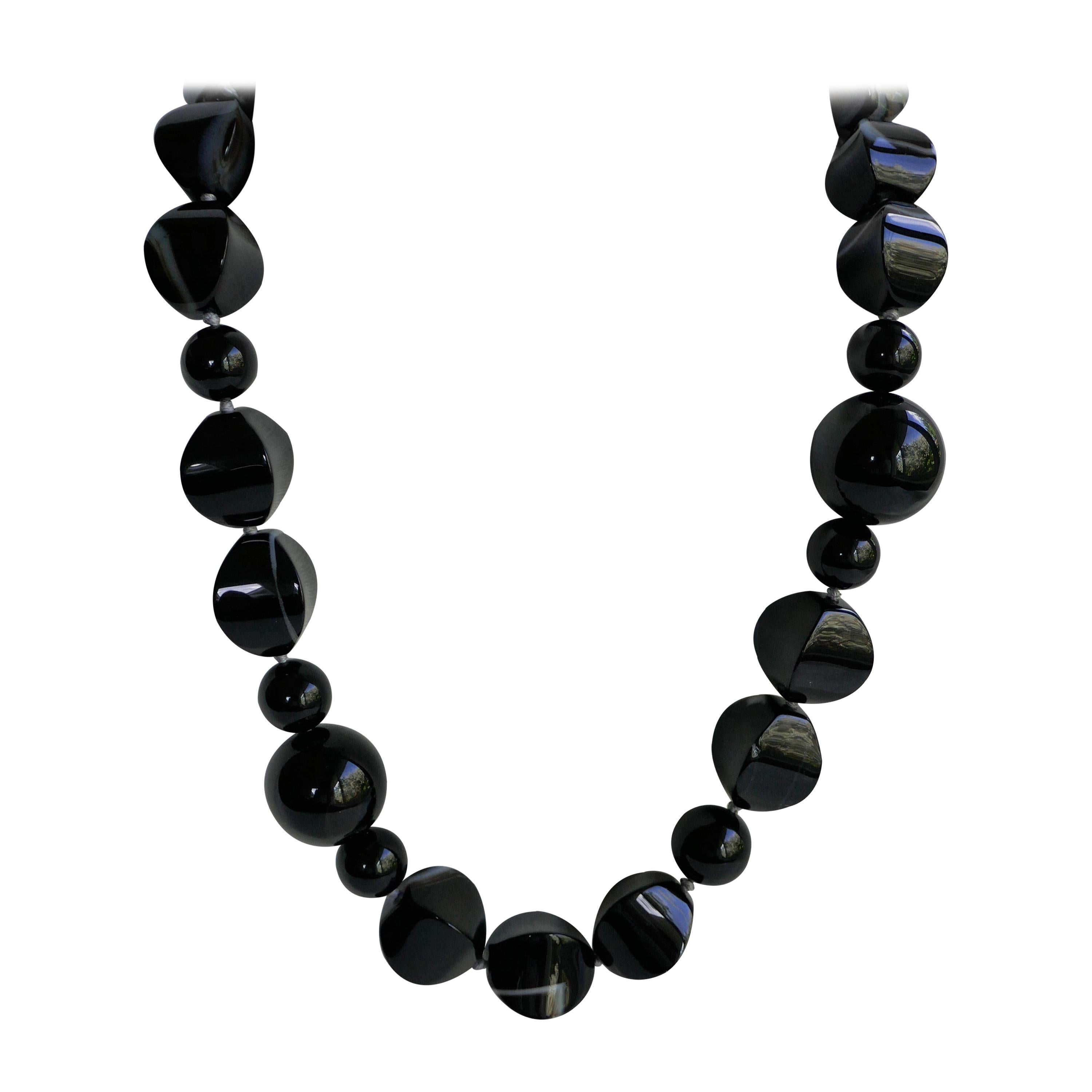 Black Banded Agate Black Onyx 925 Sterling Vermeil Clasp Gemstone Necklace For Sale