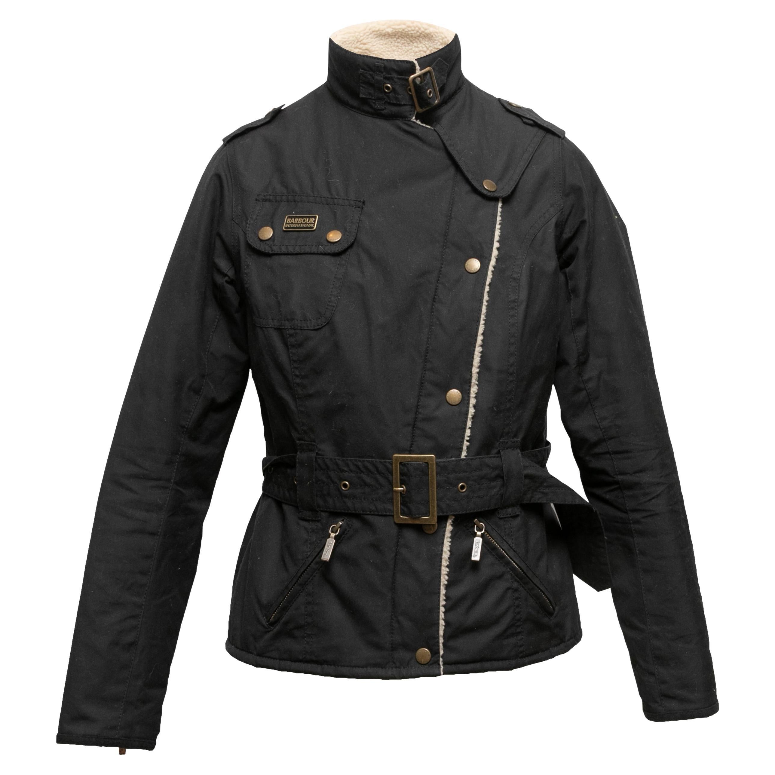 Black Barbour Lined Belted Jacket Size US 6 For Sale