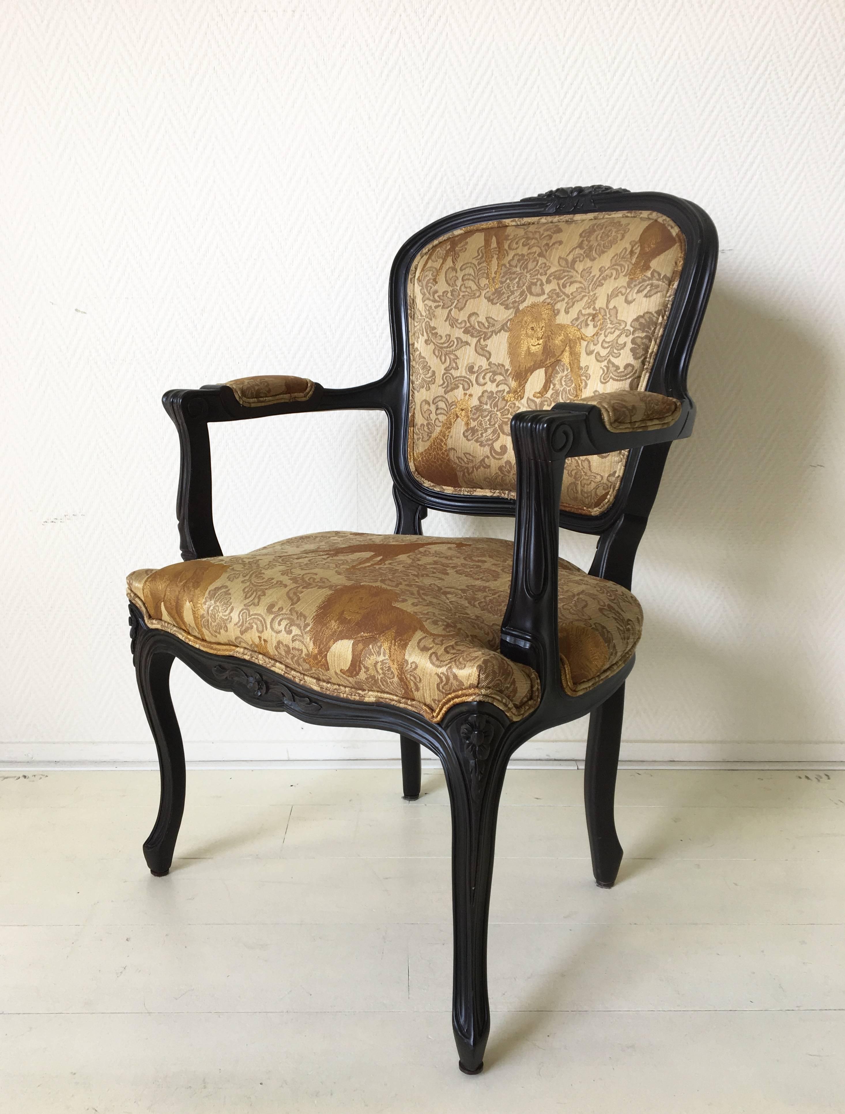 Spanish Black Baroque Armchair with Wildlife Designed Fabric by Ascension Latorre, Spain For Sale