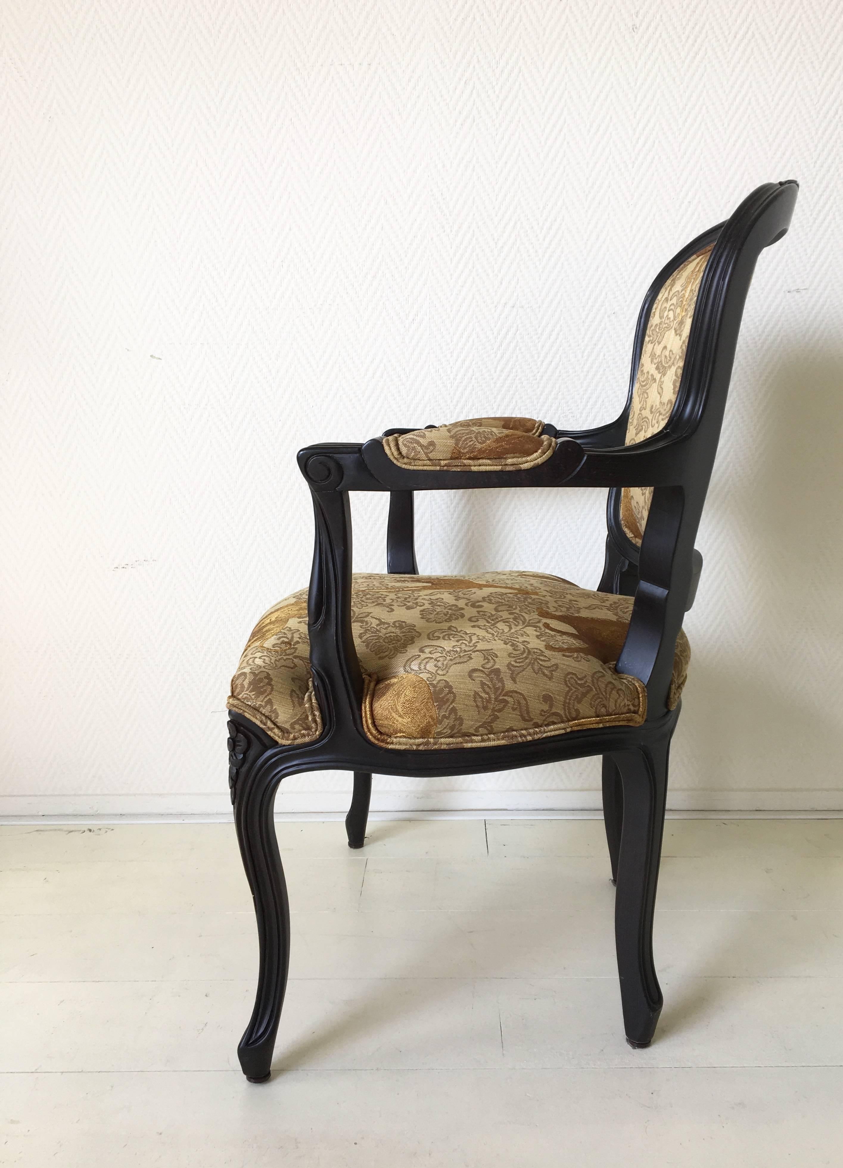 Ebonized Black Baroque Armchair with Wildlife Designed Fabric by Ascension Latorre, Spain For Sale