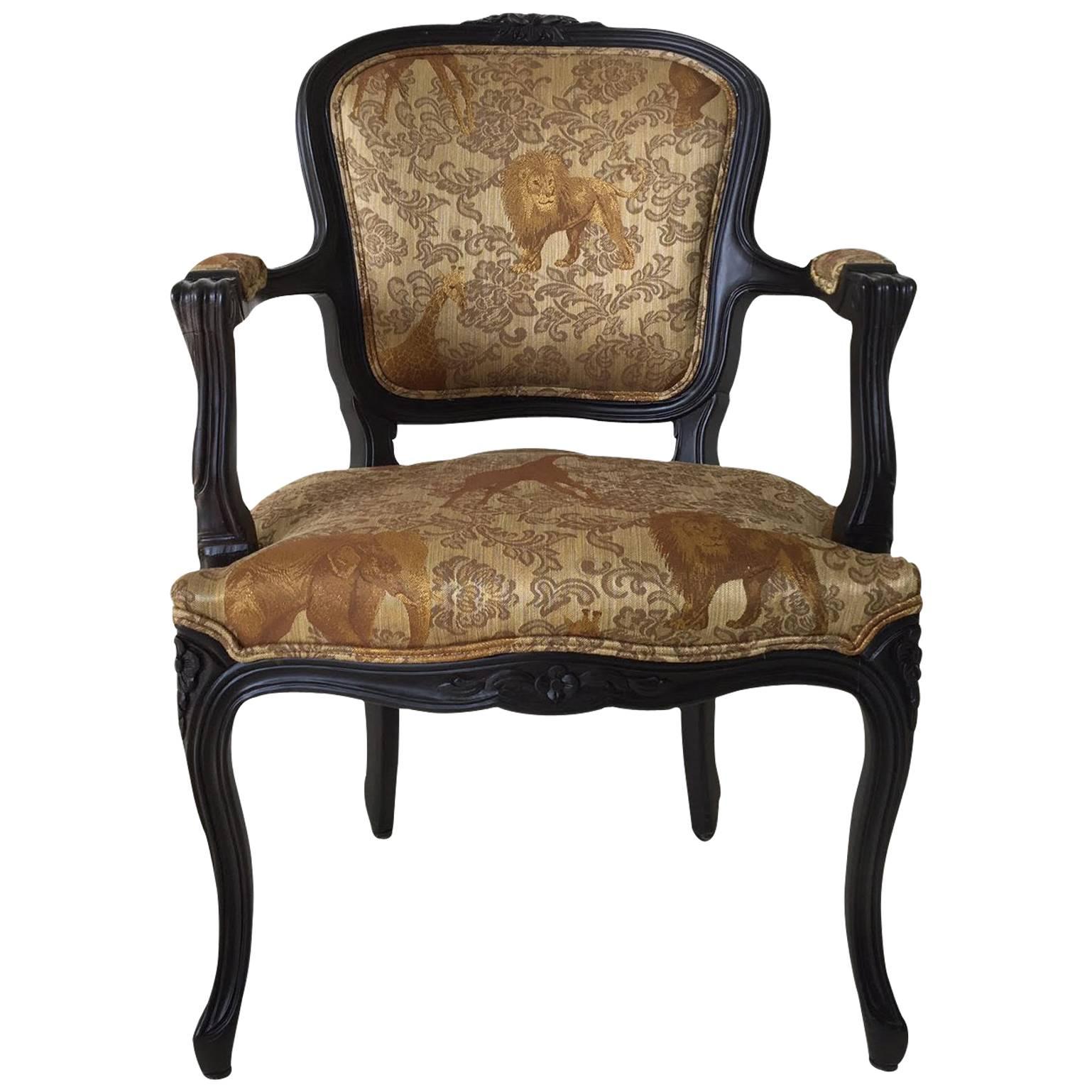 Black Baroque Armchair with Wildlife Designed Fabric by Ascension Latorre, Spain For Sale