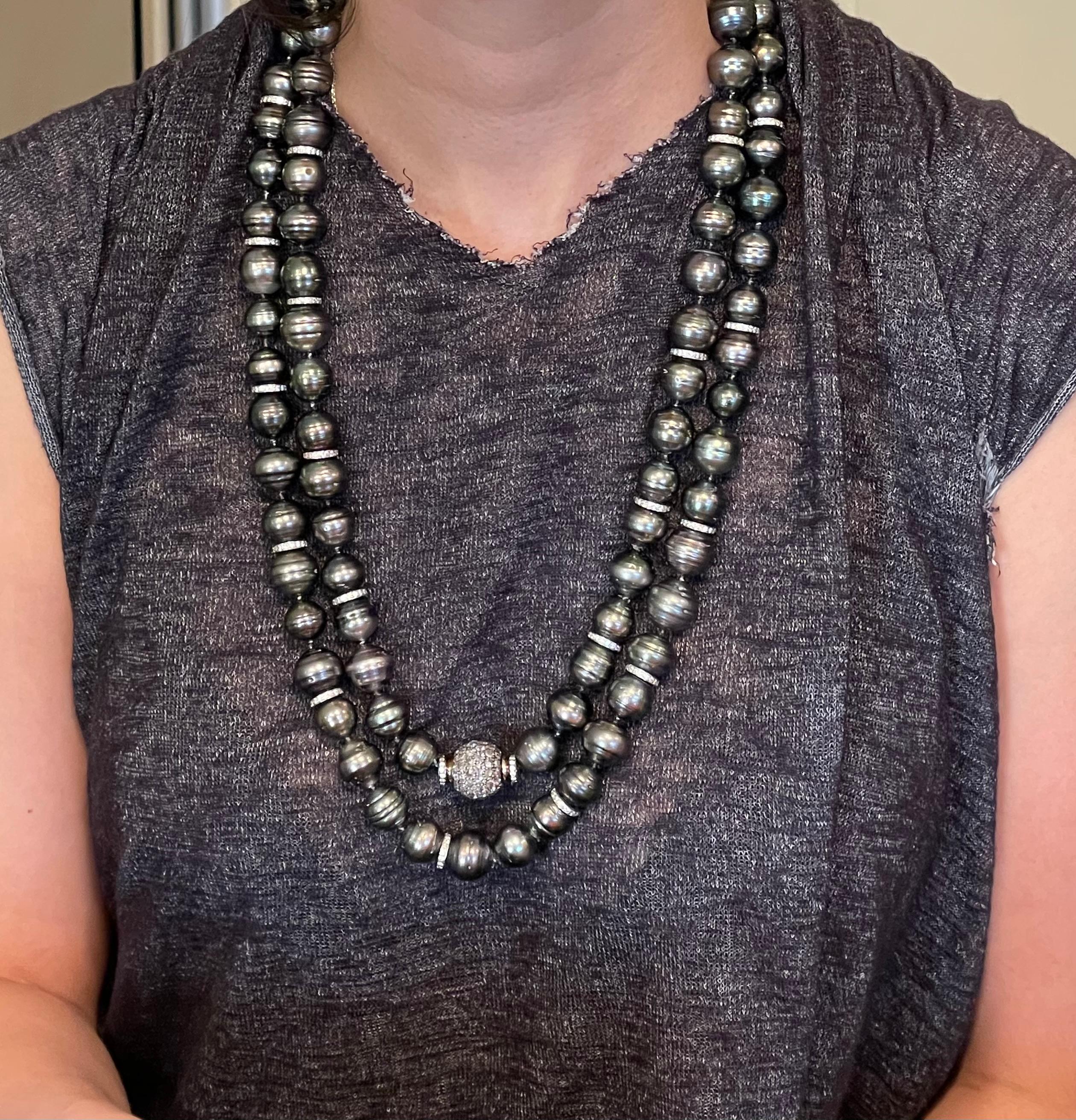Black Baroque Pearl and Pave Diamond Long Chain Necklace. 100 14.9-12.1mm Pearls For Sale 3
